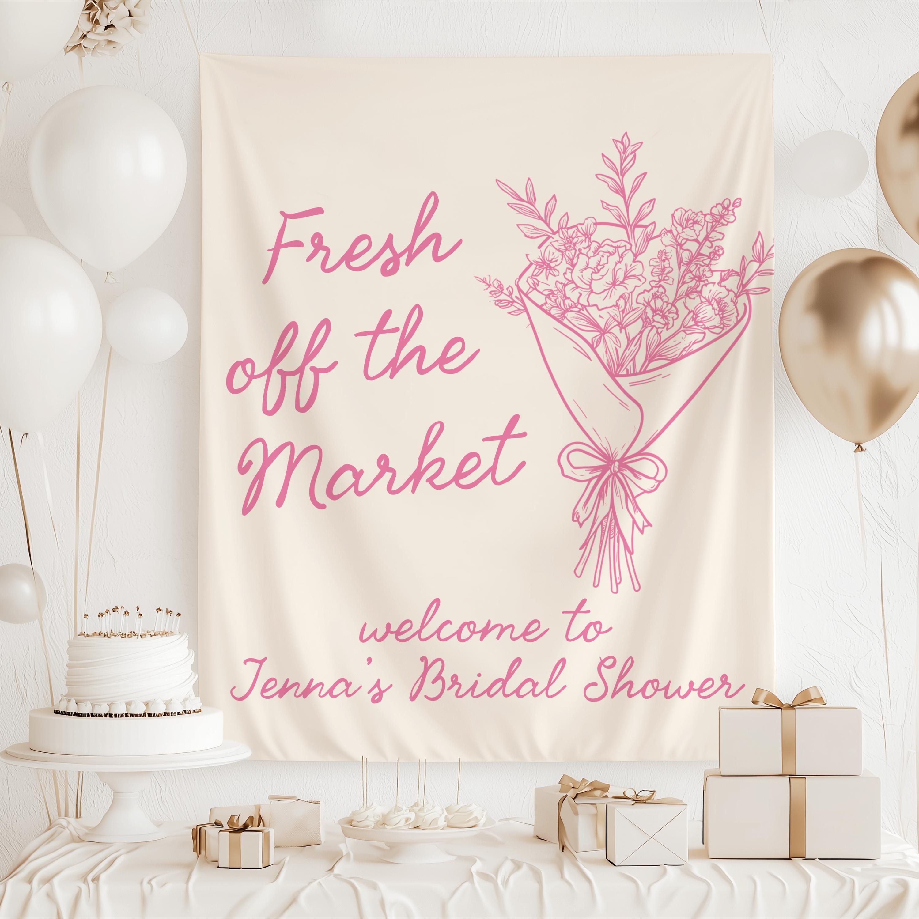 Flower market themed bridal shower backdrop with personalized bride name and event details
