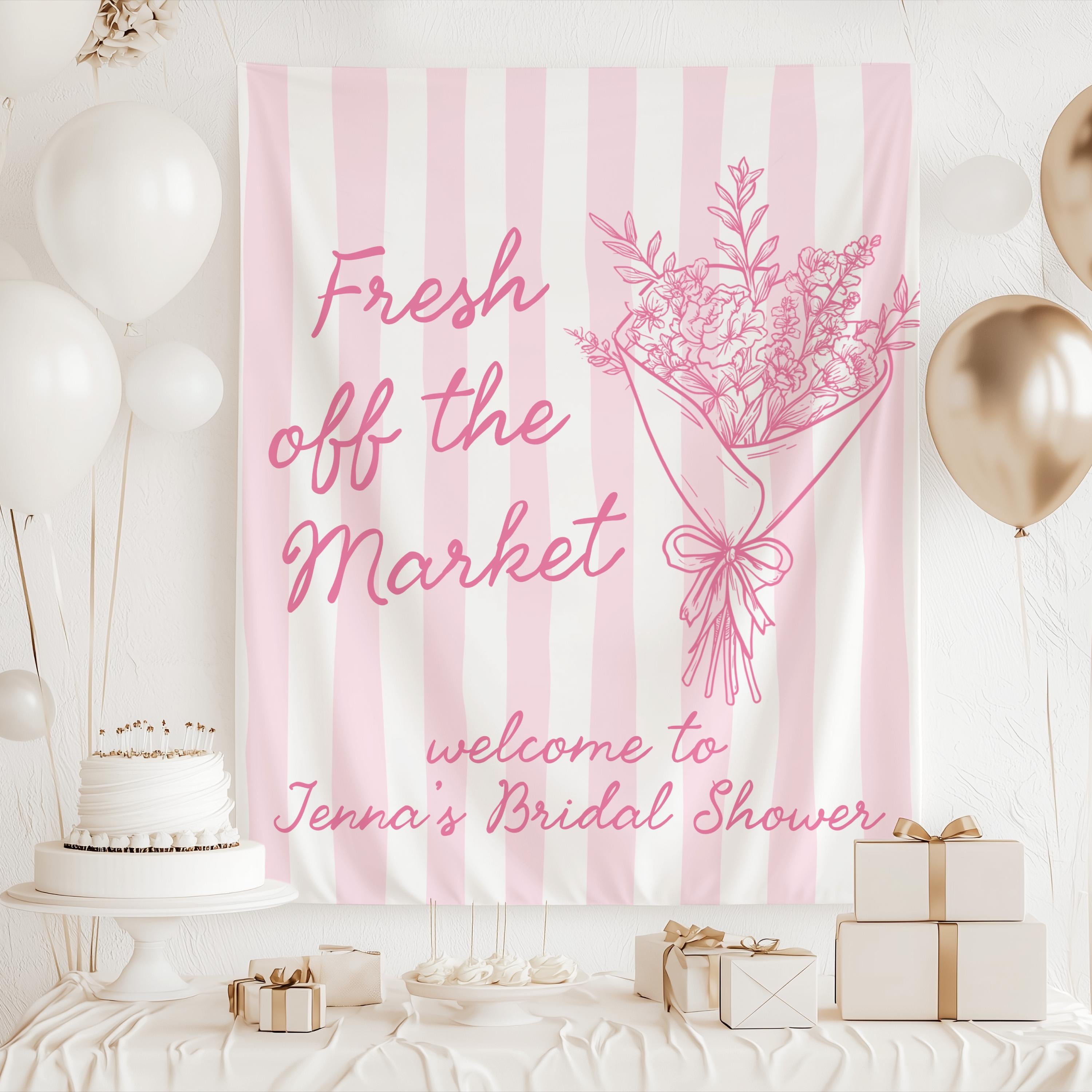 Personalized Fresh Off the Market bridal shower banner displayed as a photo backdrop