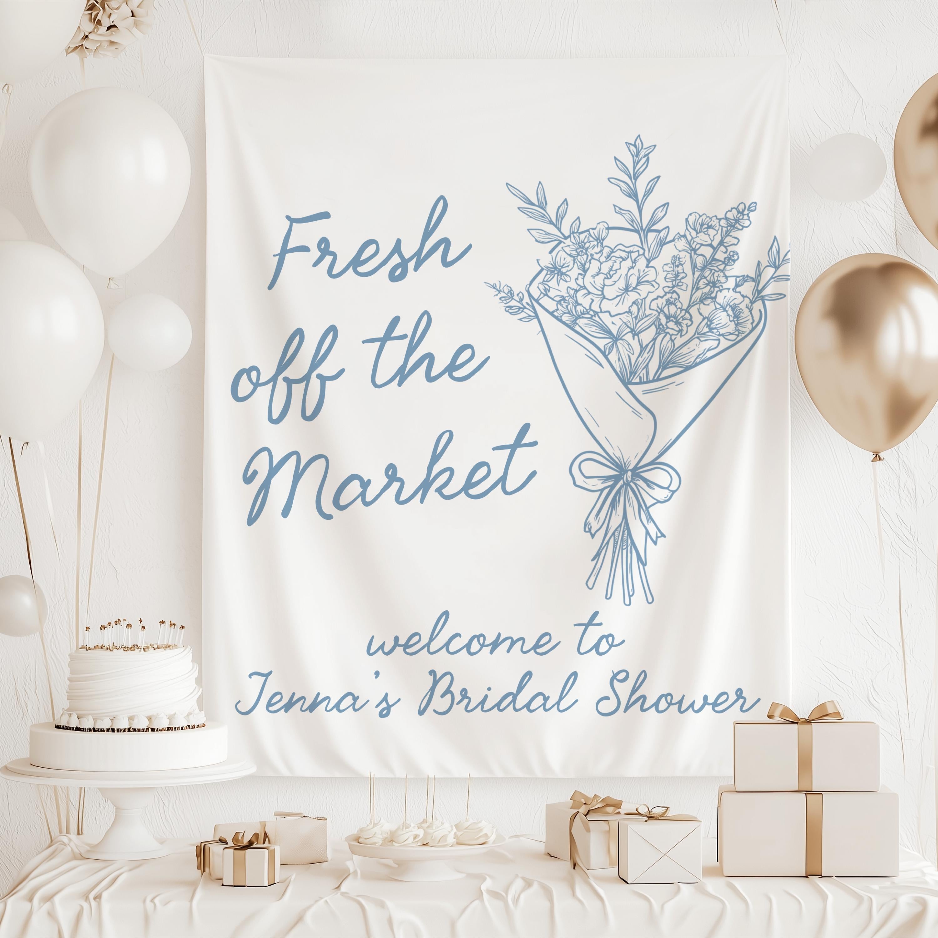Fresh Off the Market bridal shower backdrop available in multiple sizes
