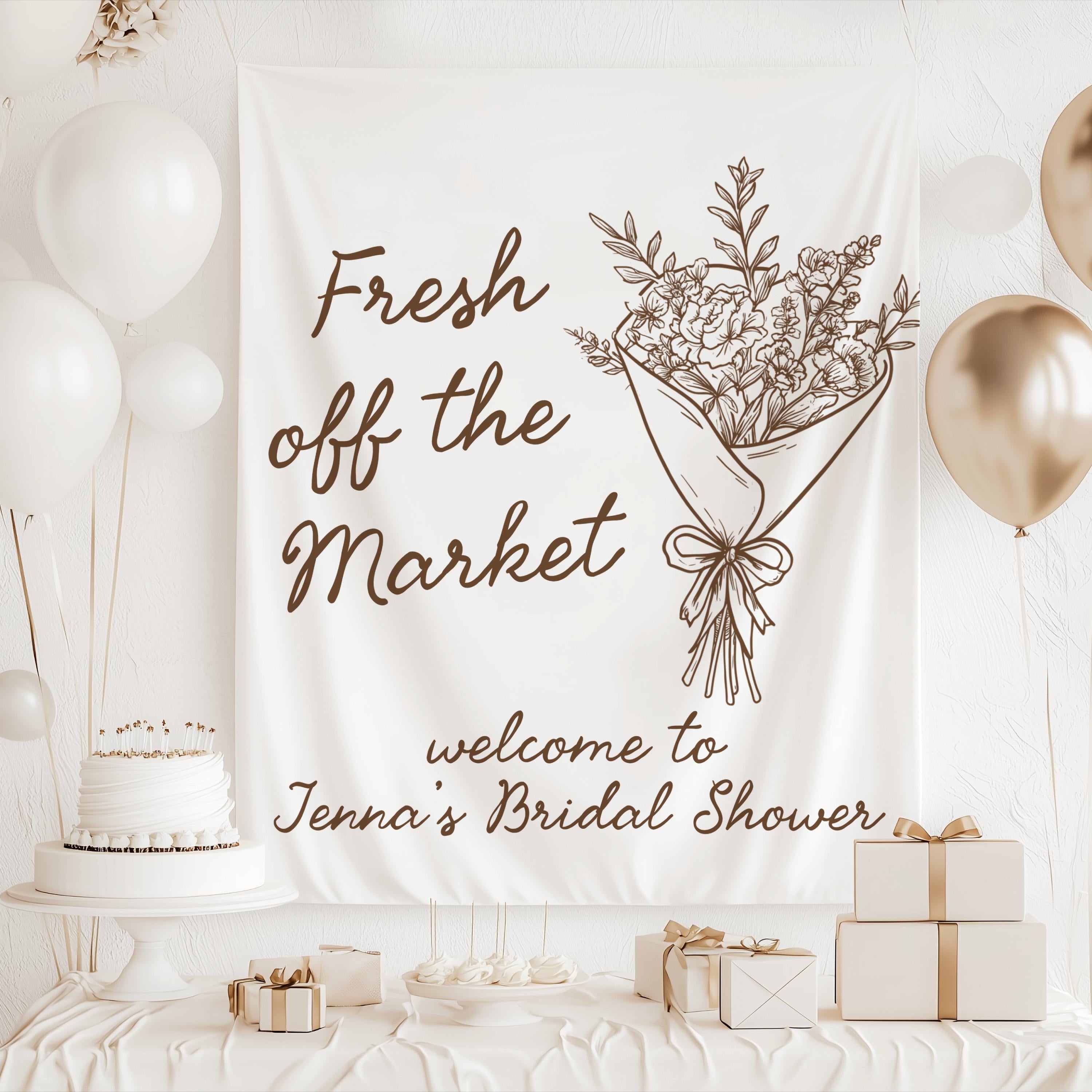 Custom flower market party banner for bridal shower photos, gifts, and dessert table decor
