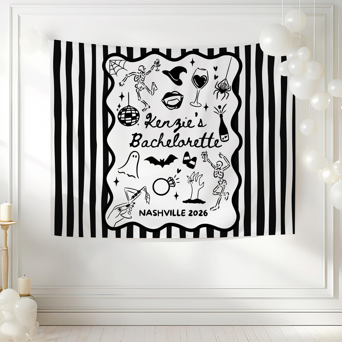 Ghost bachelorette party backdrop for Halloween girls trip and bridal celebration