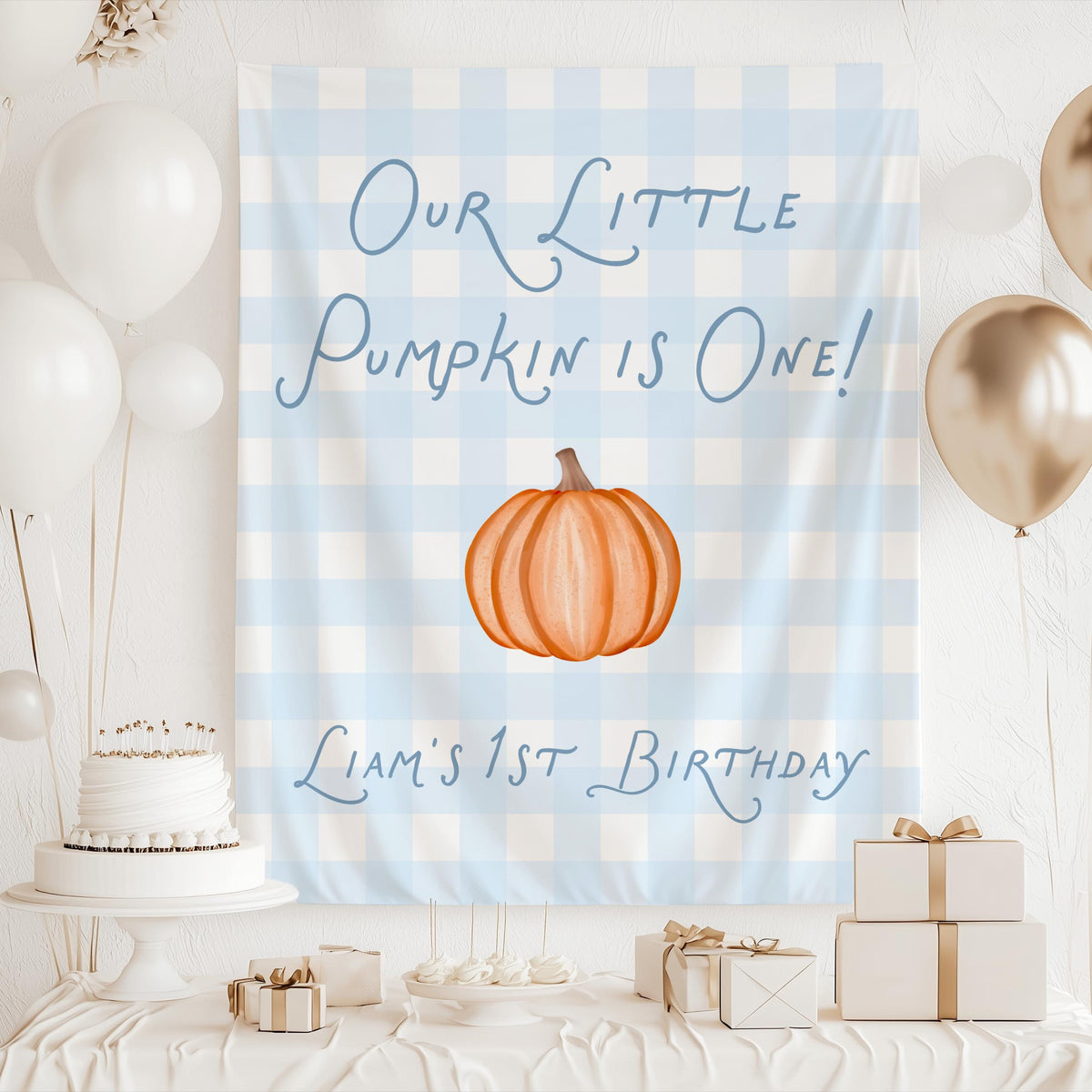 Girl first birthday banner with pink pumpkin bow and gingham design for fall party decor