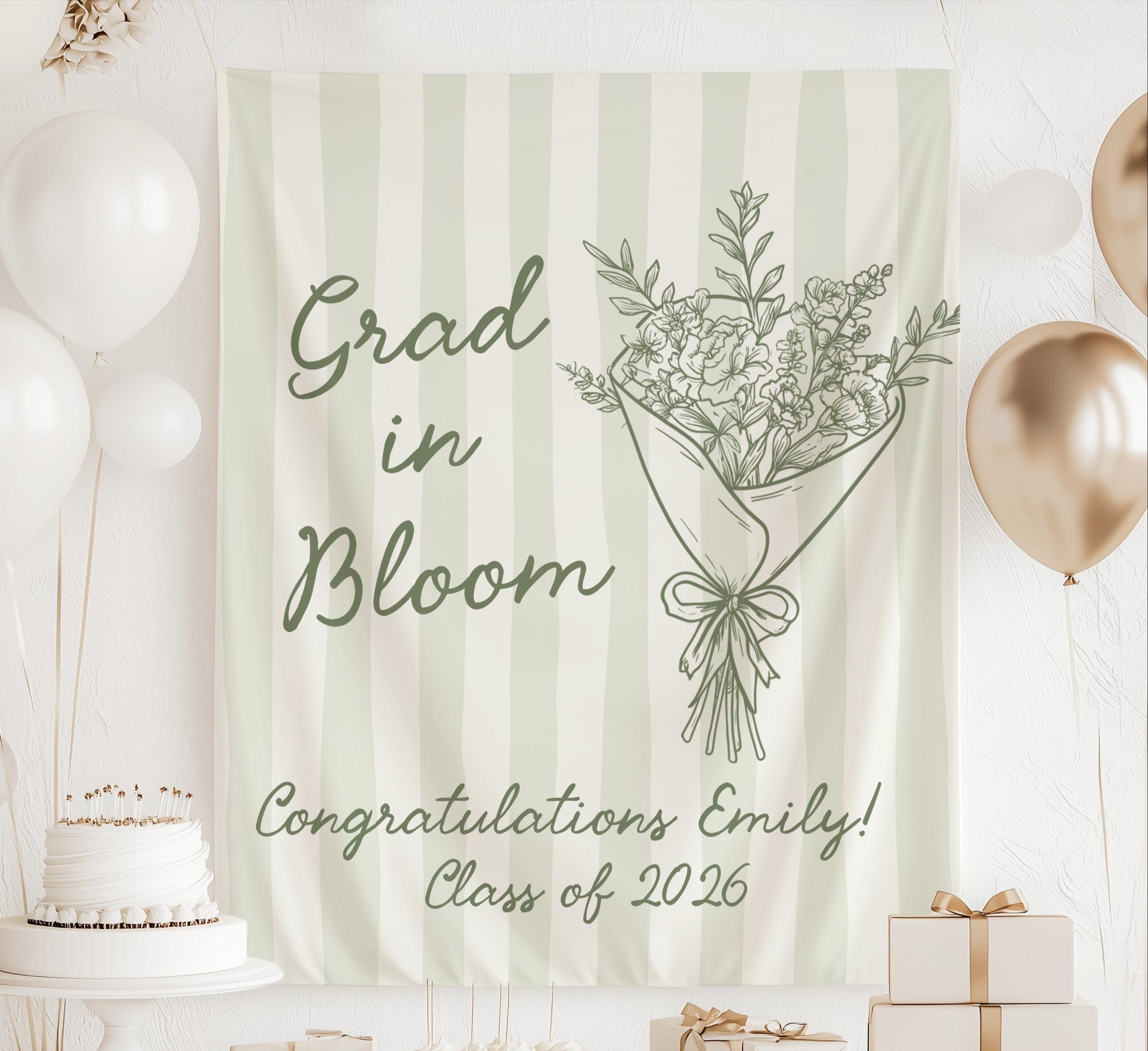 Personalized Grad in Bloom graduation banner with sage green stripes, floral bouquet, graduate name and Class of 2026