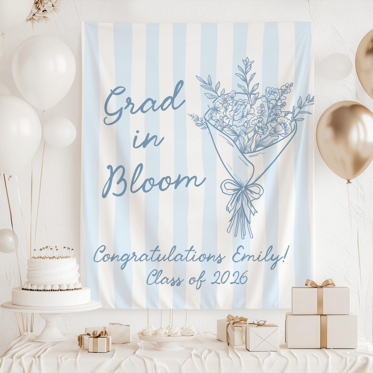 Grad in Bloom party backdrop with soft sage green stripes and botanical flower bouquet for a graduation celebration