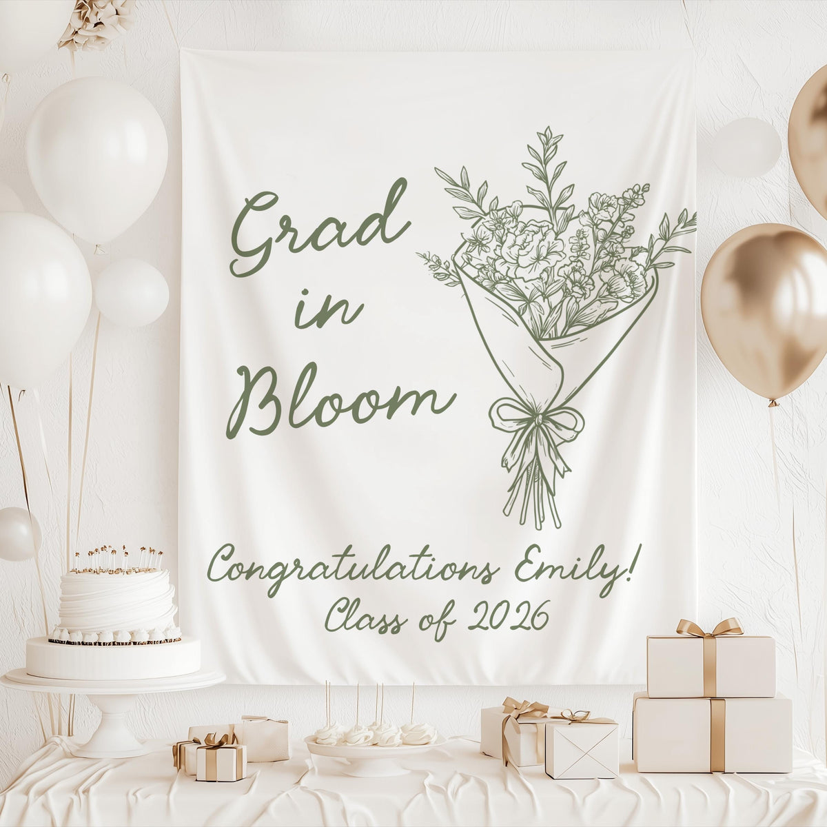 Sage green striped graduation party backdrop with Grad in Bloom floral design and personalized Class of 2026 details