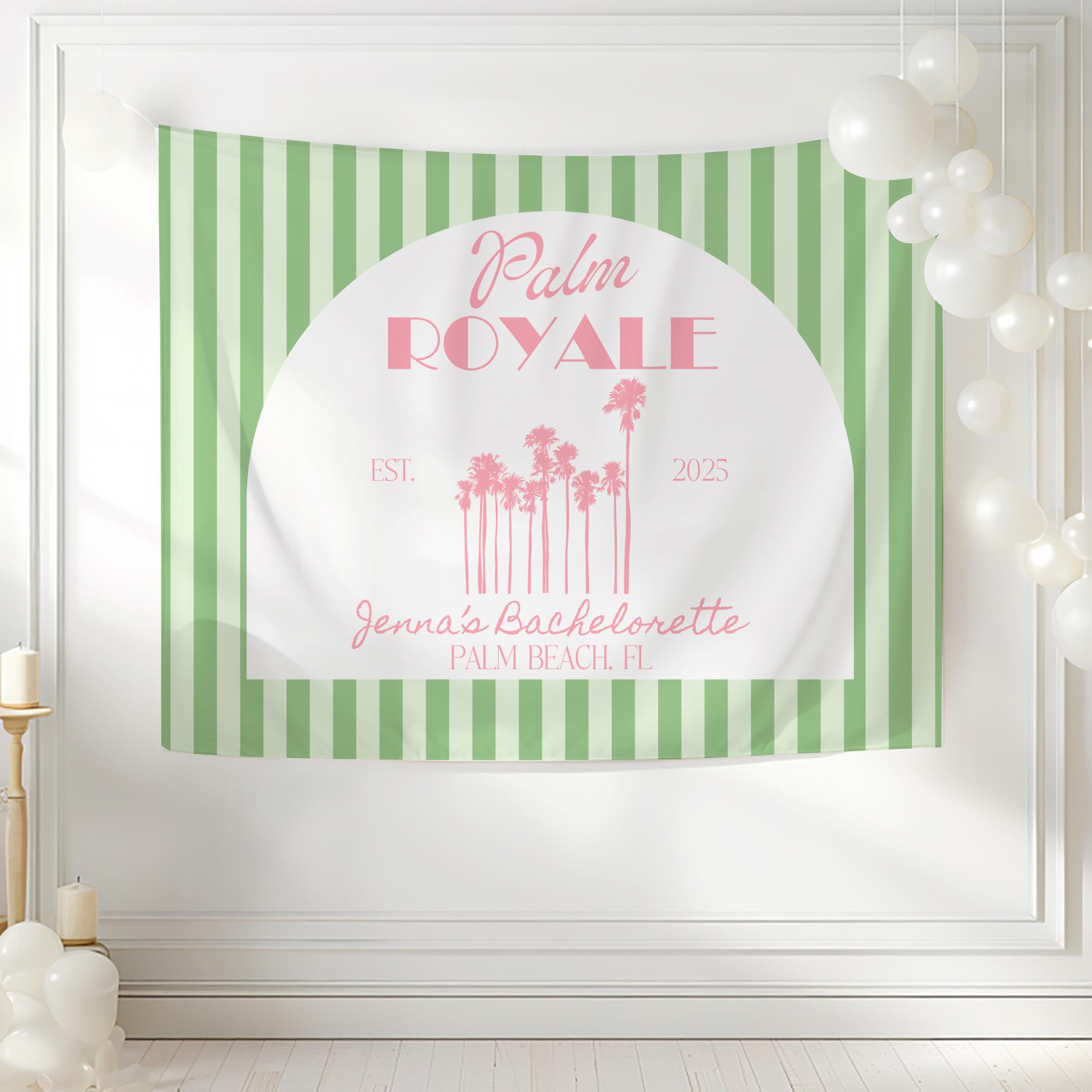 Palm Royale party banner featuring a personalized tropical design for bridal weekend celebrations