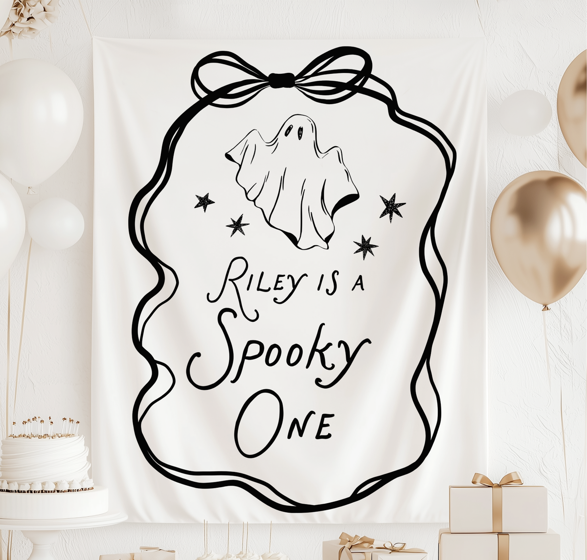 Halloween 1st birthday backdrop for girl featuring a personalized name, pink striped background and whimsical ghost design