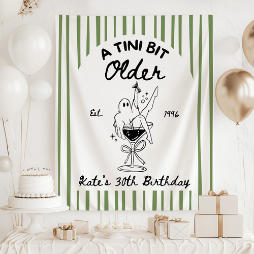 Halloween 30th birthday banner with ghost in a martini glass and custom name for spooky birthday party decor