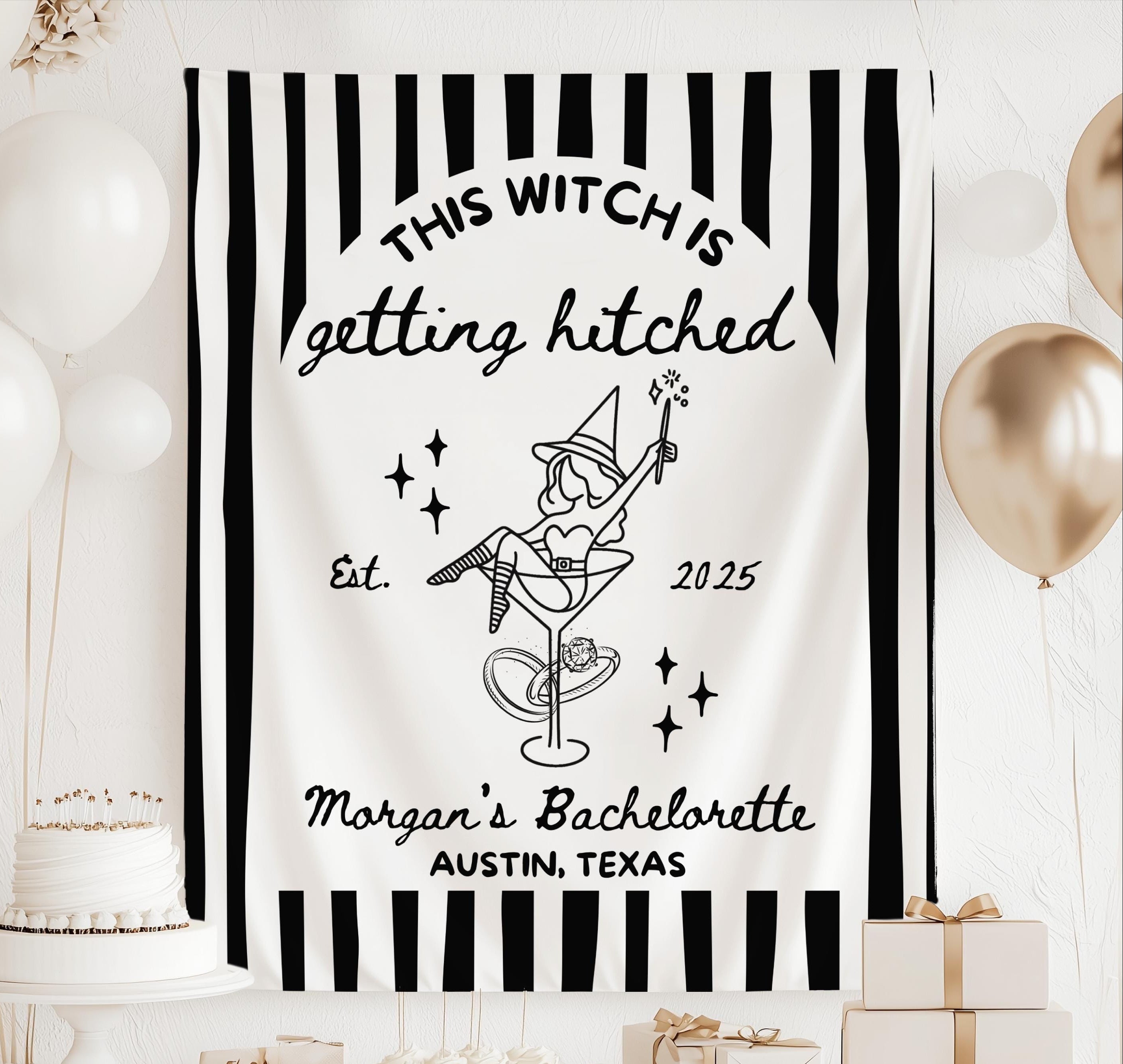 Custom Halloween bachelorette banner featuring a witch in a martini glass and personalized text
