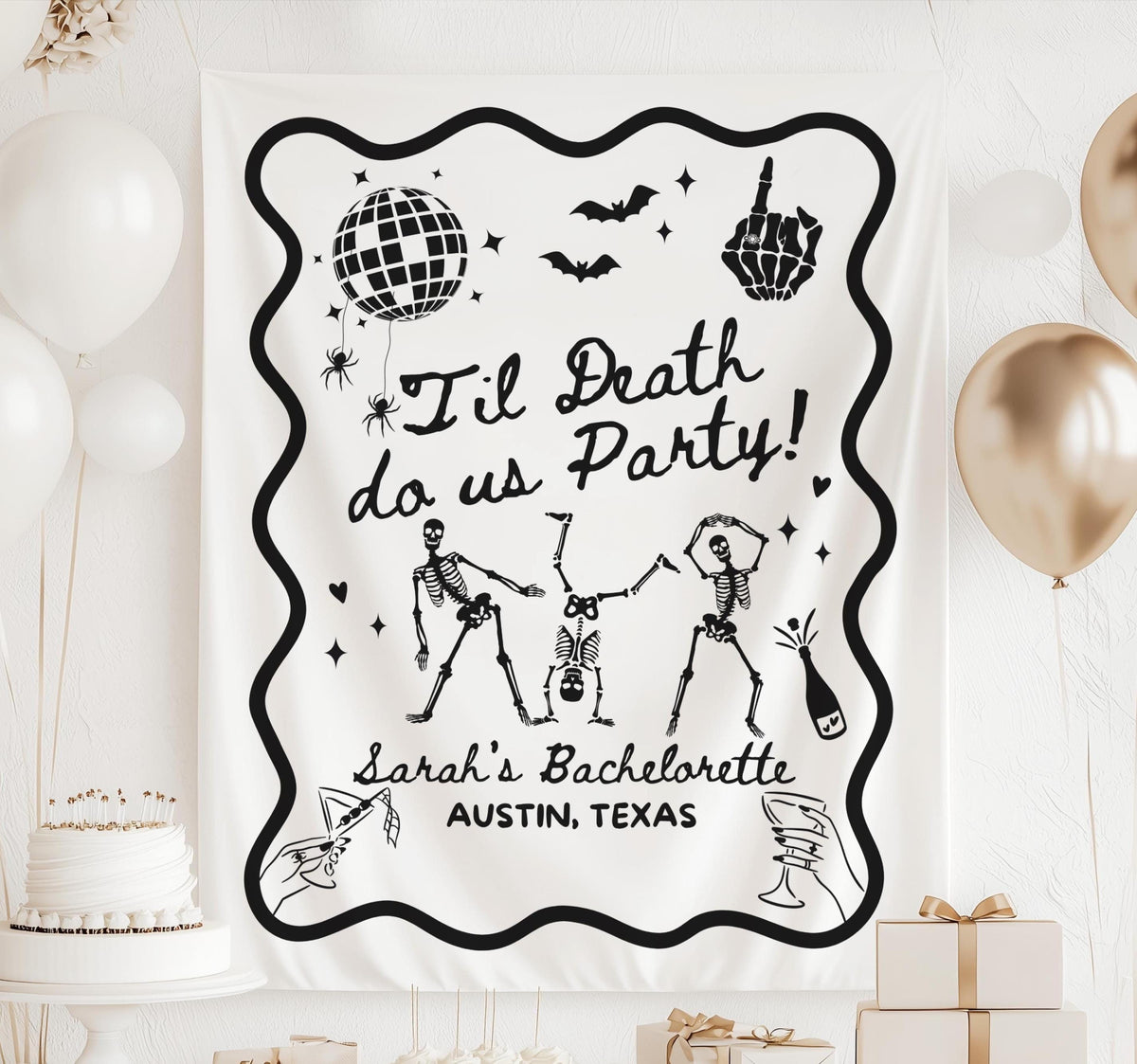 Custom Halloween bachelorette banner with dancing skeletons disco ball and spooky party artwork
