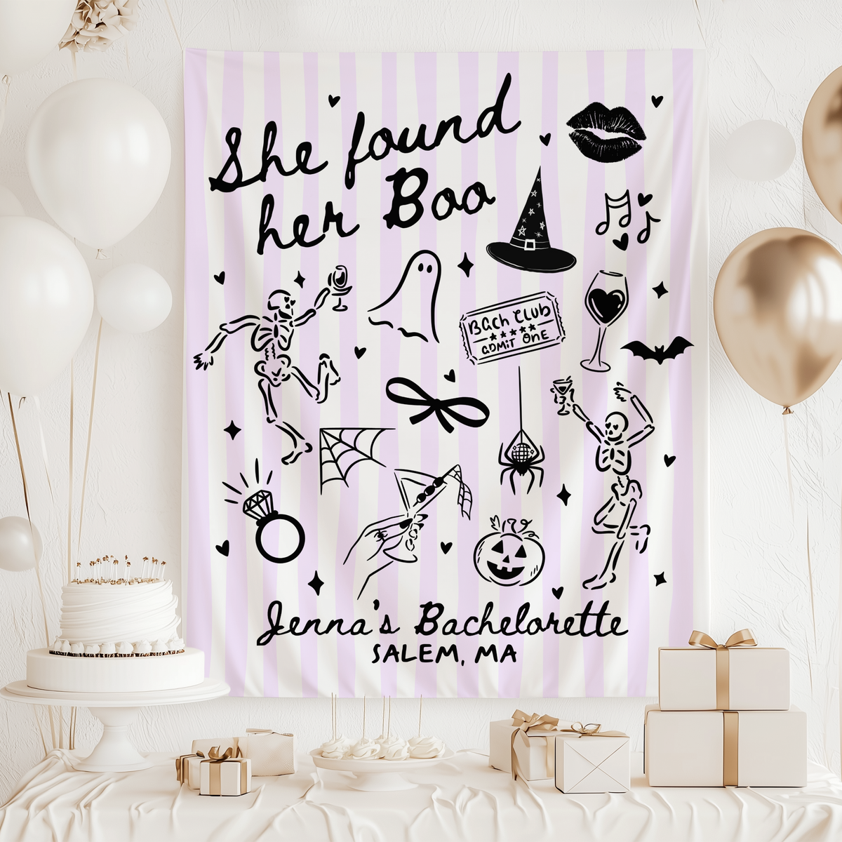 She Found Her Boo Halloween bachelorette party backdrop styled for a spooky bride celebration with friends

