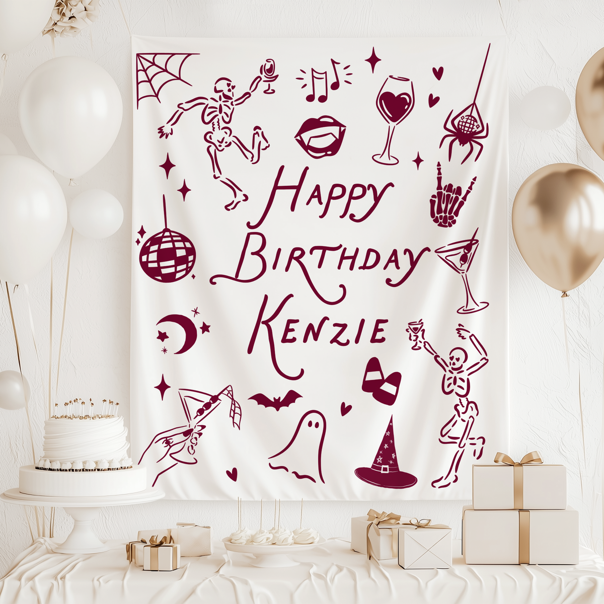 Halloween birthday party decor featuring dancing skeletons ghosts witch details and martini illustrations