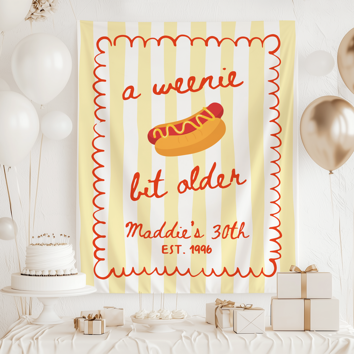 Hot dog 30th birthday banner with personalized name and birth year for party decor
