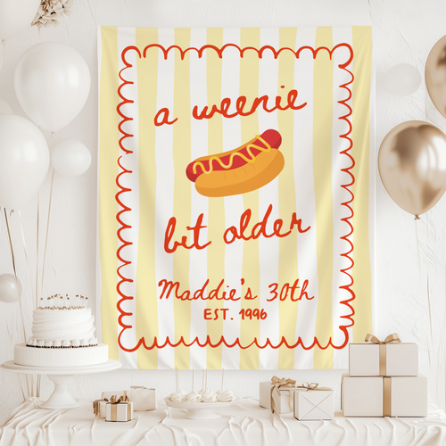 Hot dog 30th birthday banner with personalized name and birth year for party decor
