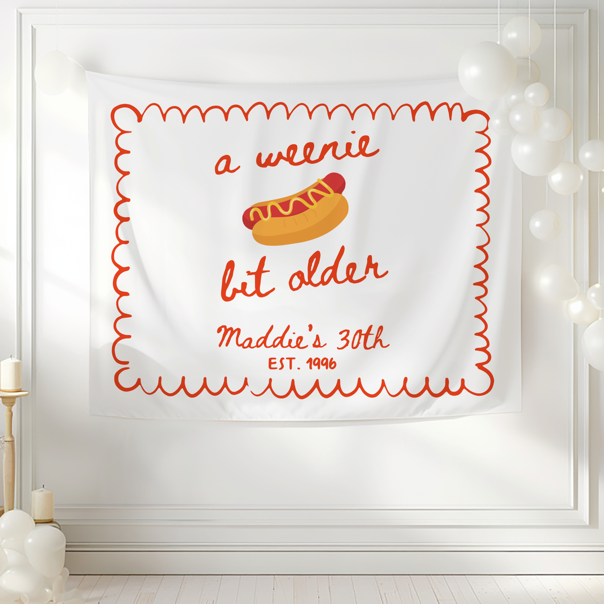 Personalized hot dog birthday backdrop for milestone birthday party decorations and photos
