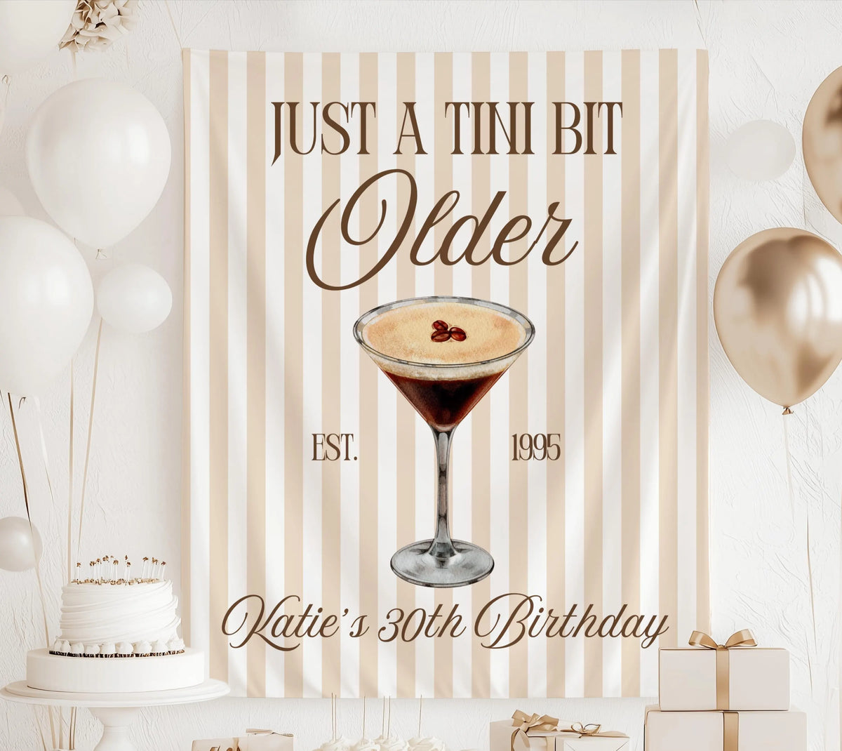 Personalized Just a Tini Bit Older birthday banner with espresso martini design for a 30th birthday celebration.