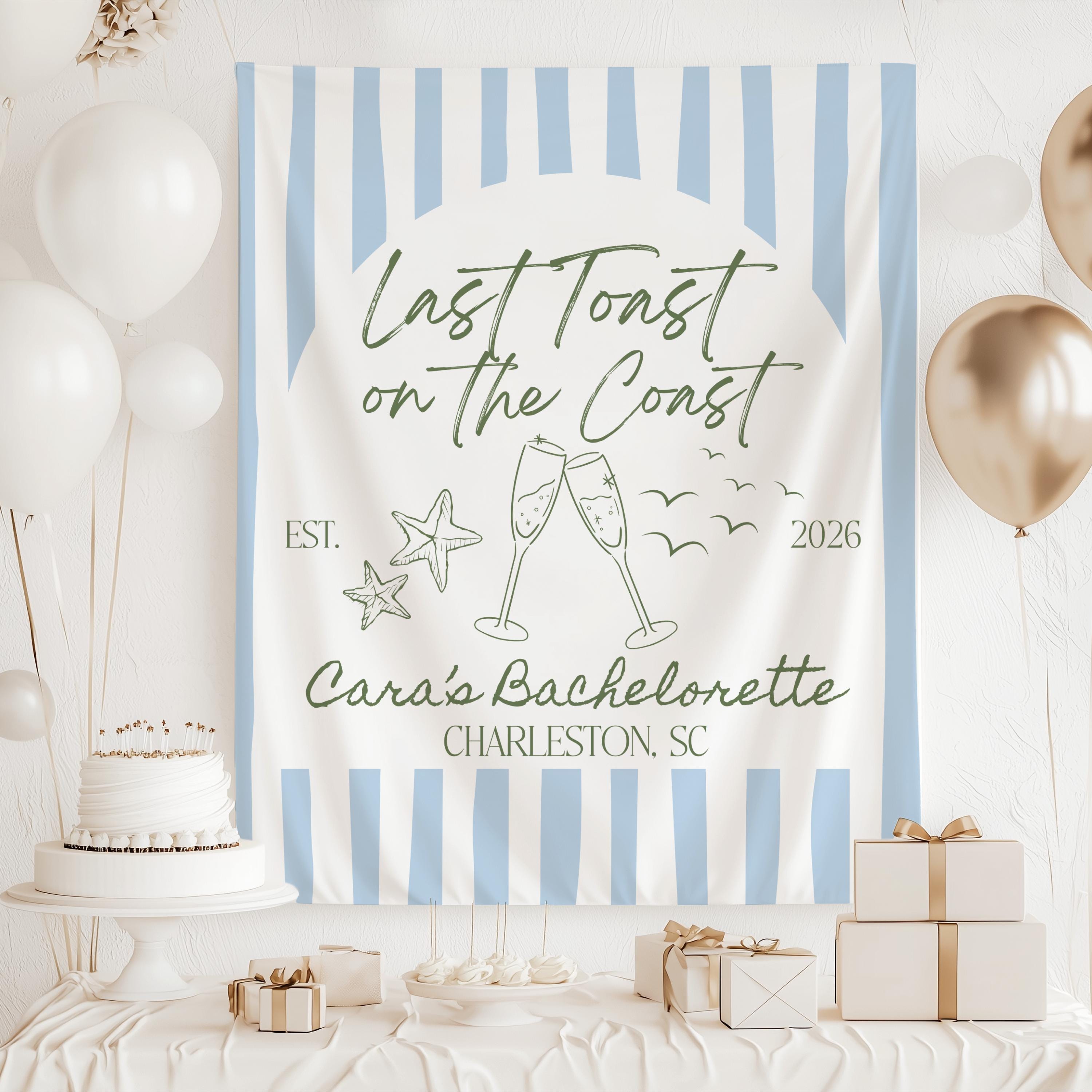 Custom beach bachelorette banner displayed as a photo backdrop for a bridal weekend
