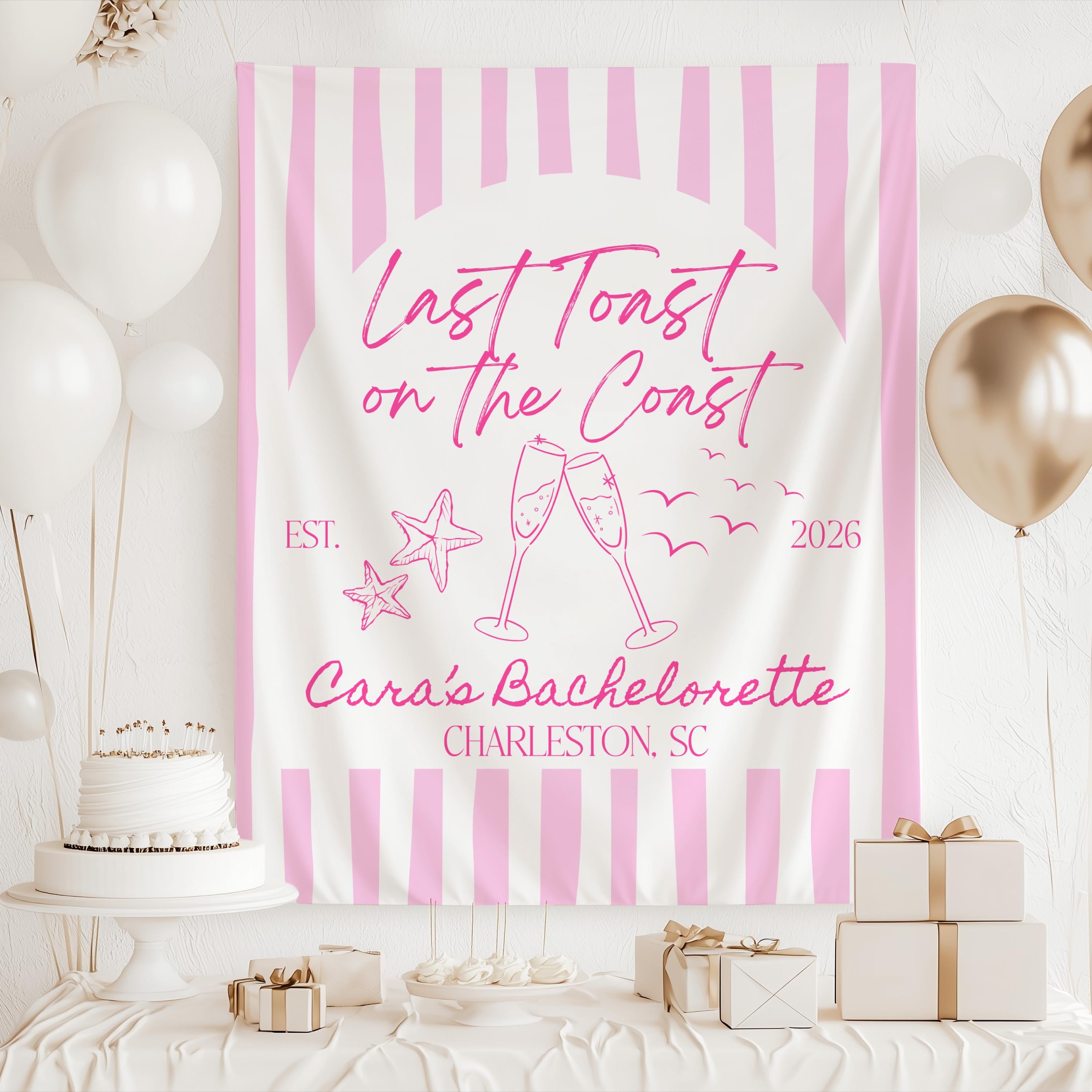 Custom Last Toast on the Coast bachelorette banner with personalized names and event details