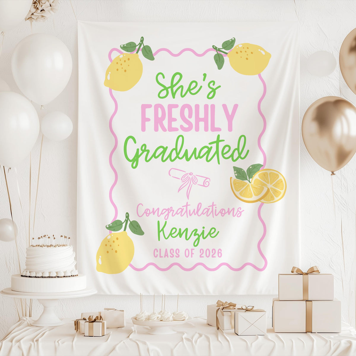 Lemon themed graduation party banner in yellow pink and green for a bright colorful graduate celebration