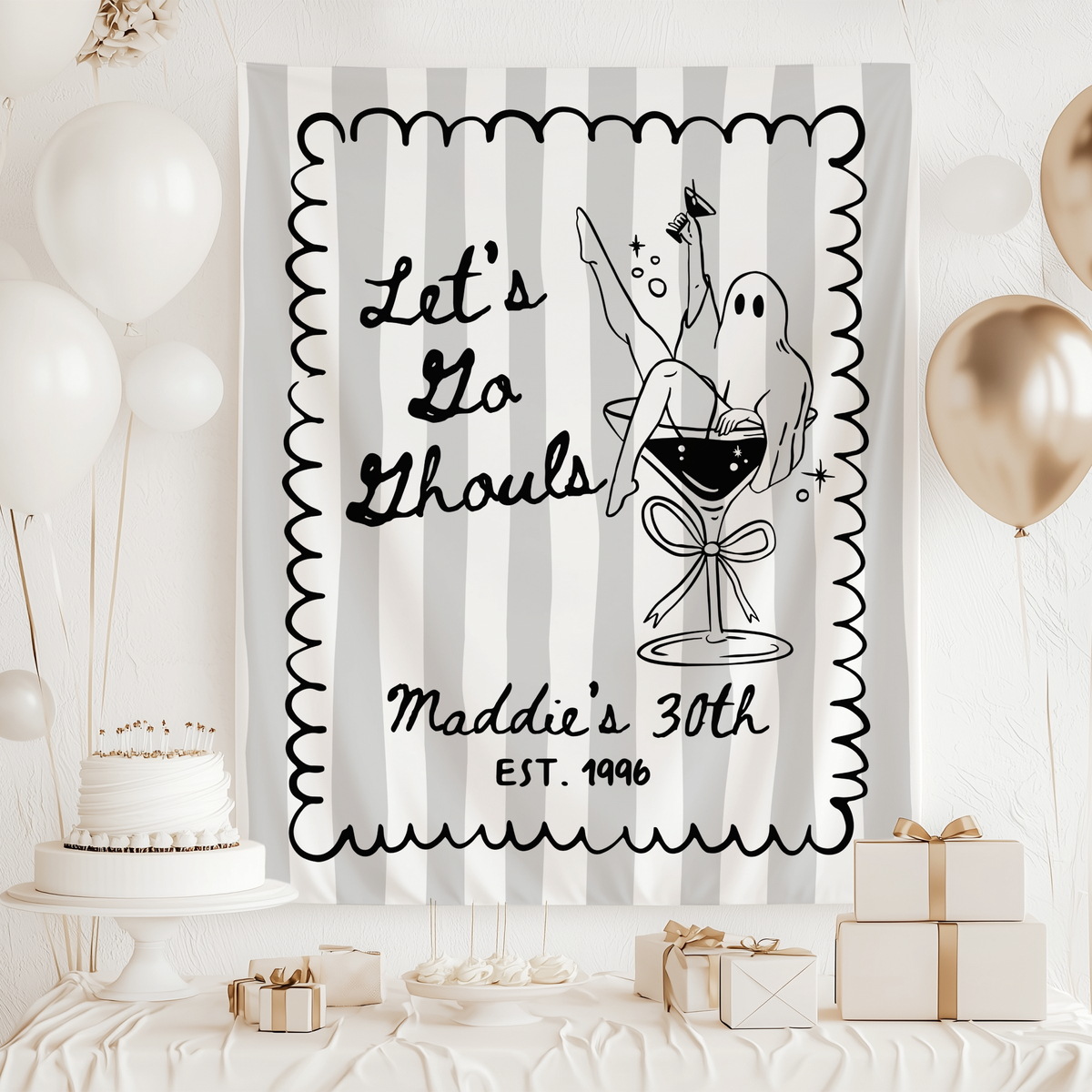 Lets Go Ghouls spooky birthday party banner with cute ghosts and cocktail artwork for a personalized Halloween celebration