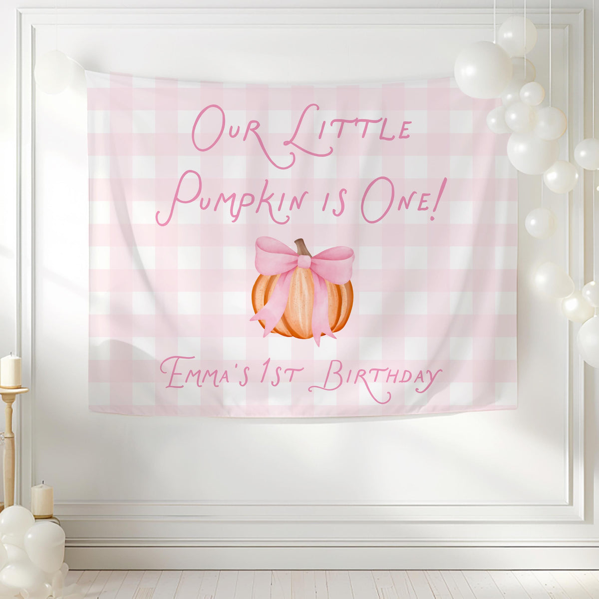 Little pumpkin girl birthday backdrop for a fall first birthday party or pumpkin themed celebration