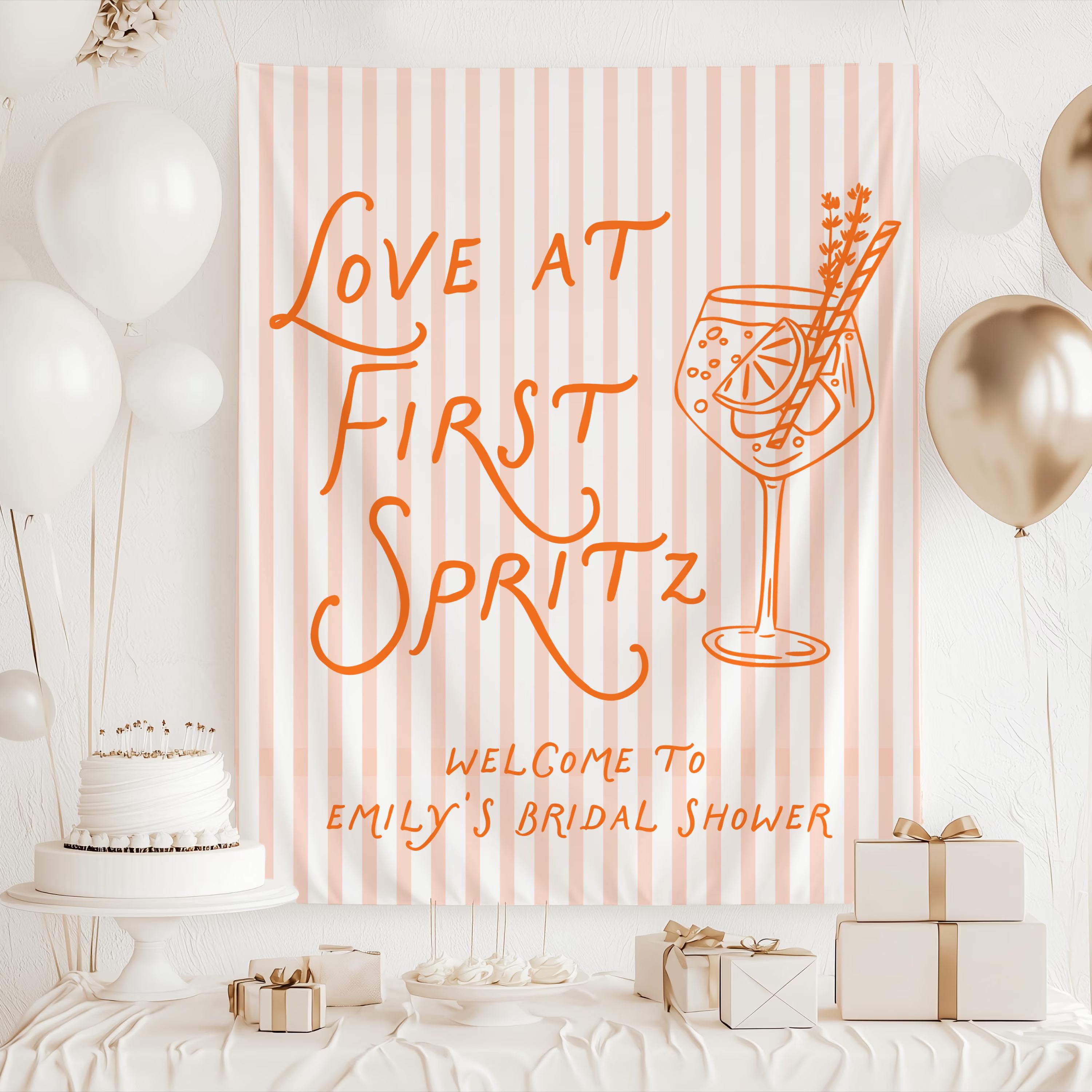striped bridal shower backdrop featuring Love at First Spritz personalized welcome sign
