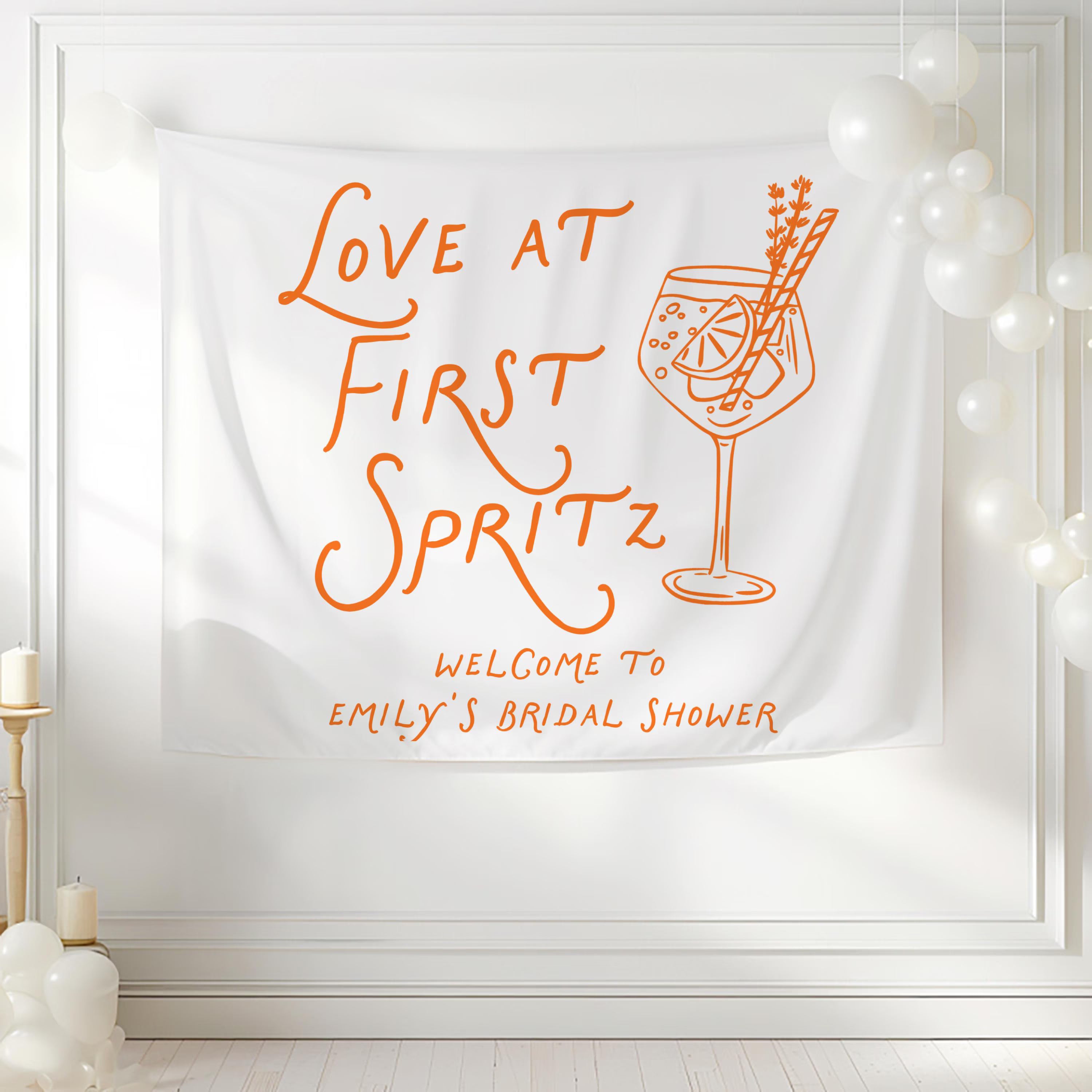 Bridal shower welcome banner with orange spritz cocktail illustration and custom bride name
