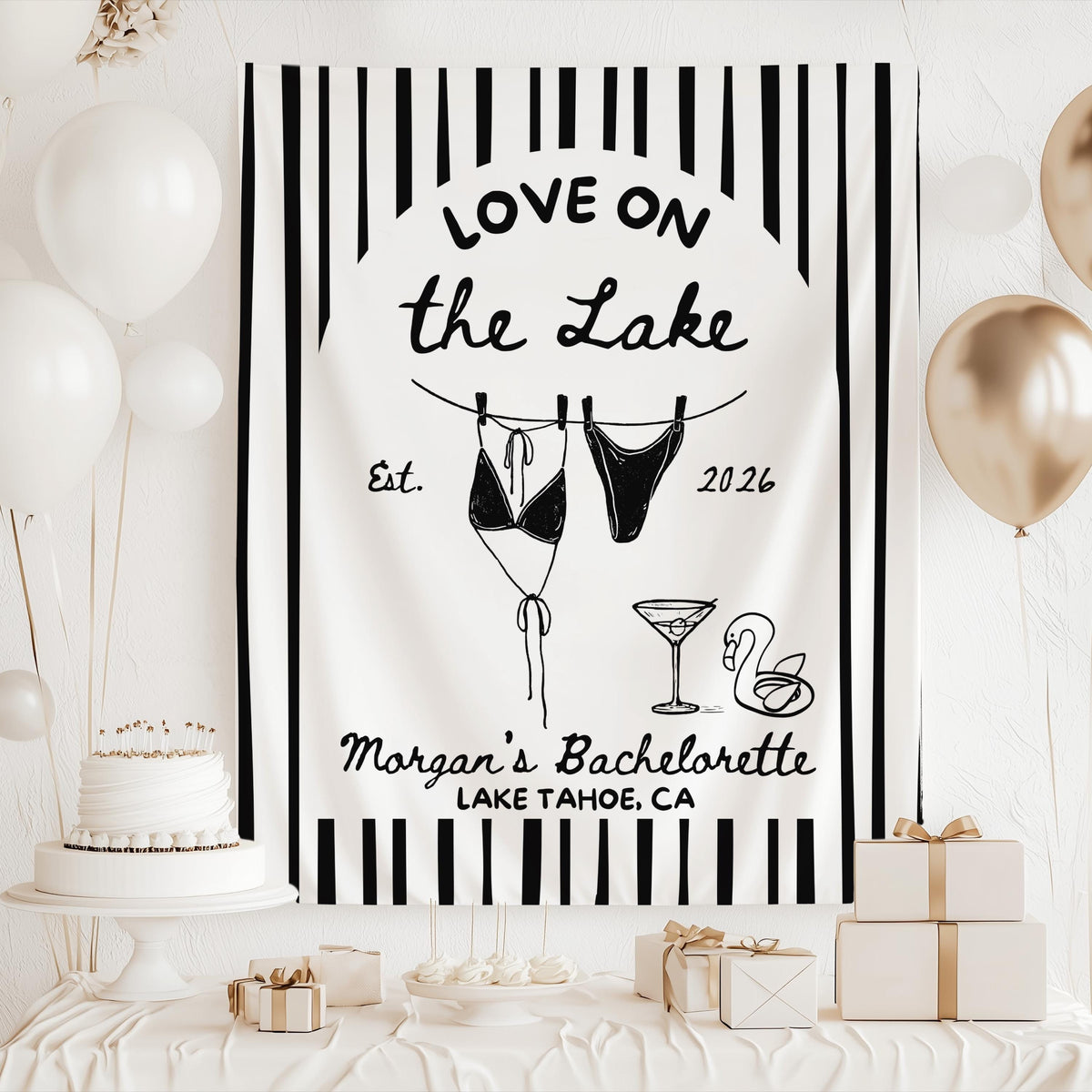Custom lake party backdrop featuring Love on the Lake theme for bridal weekend celebrations
