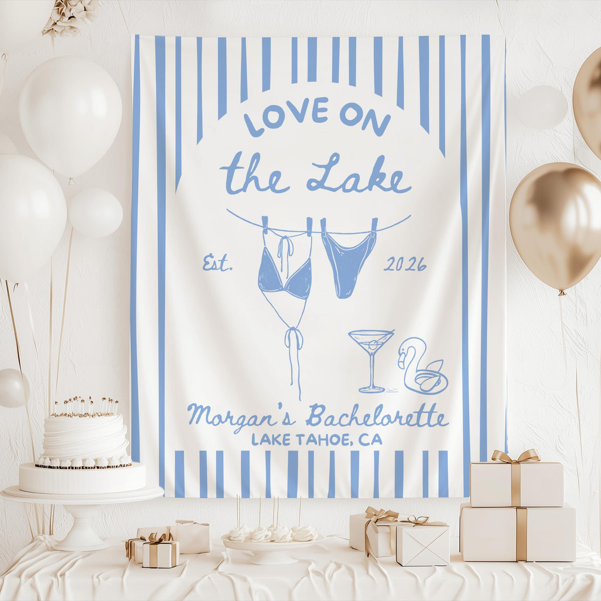 Personalized Love on the Lake backdrop for lake vacation, bachelorette party, and bridal shower decor

