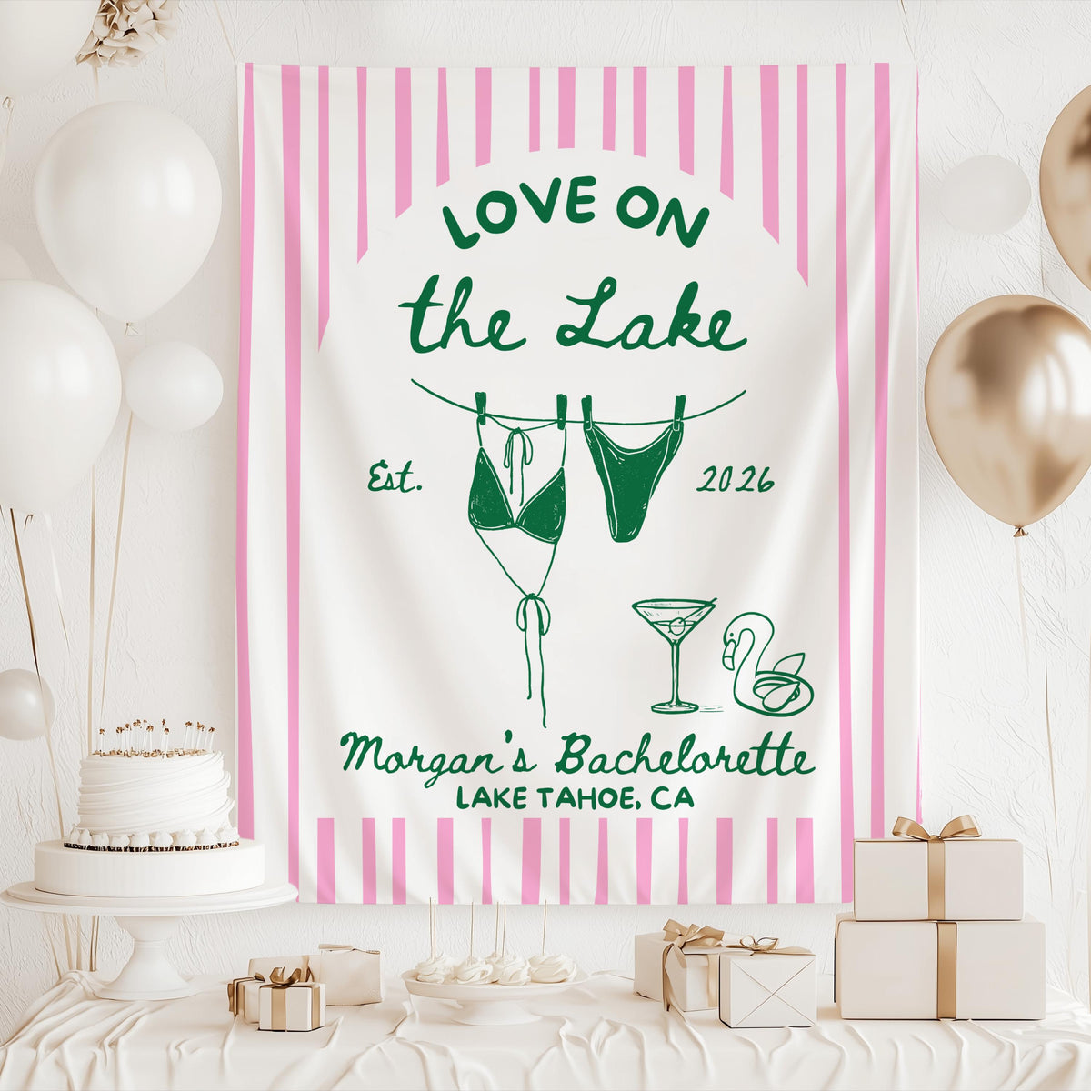 Lake bachelorette party backdrop featuring Love on the Lake design with personalized details
