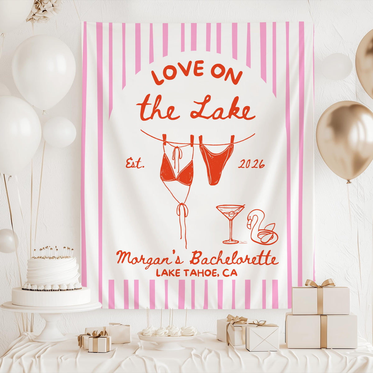 Love on the Lake backdrop for lake house bachelorette weekend and bridal party decorations
