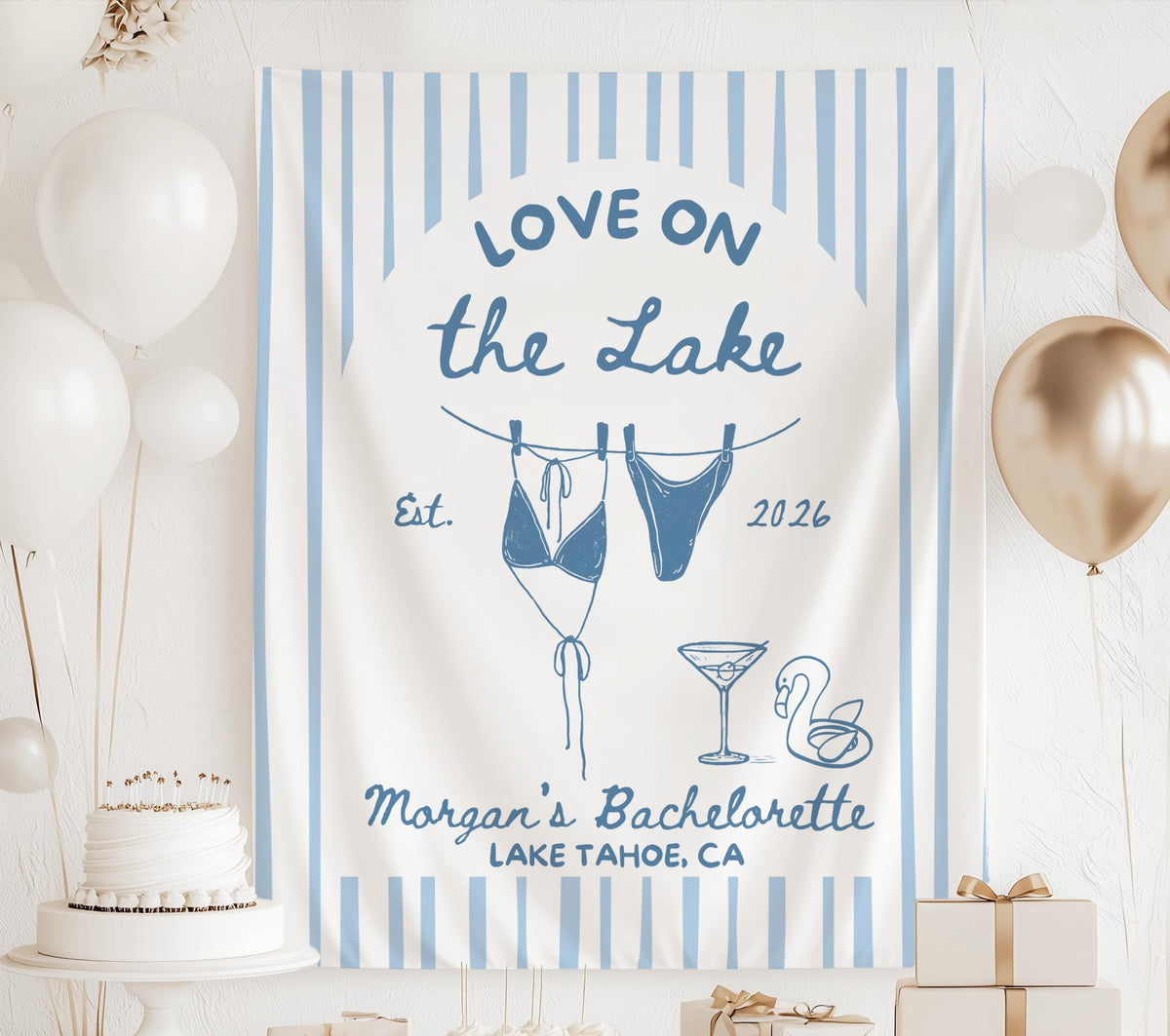Personalized Love on the Lake banner for lake bachelorette party with custom name and event details
