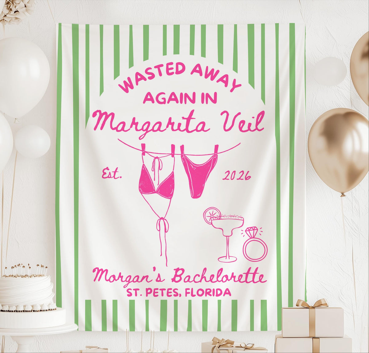 Personalized Margaritaveil banner for margarita themed bachelorette party with custom name and event details
