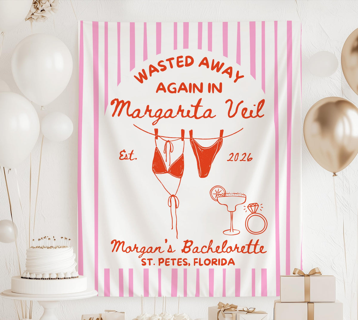Margaritaveil bachelorette backdrop for fiesta bridal weekend and tropical party decorations
