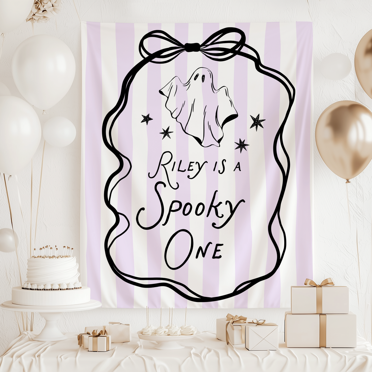 One Spooky Girl birthday banner with cute ghost artwork and pink details for a spooky first birthday celebration