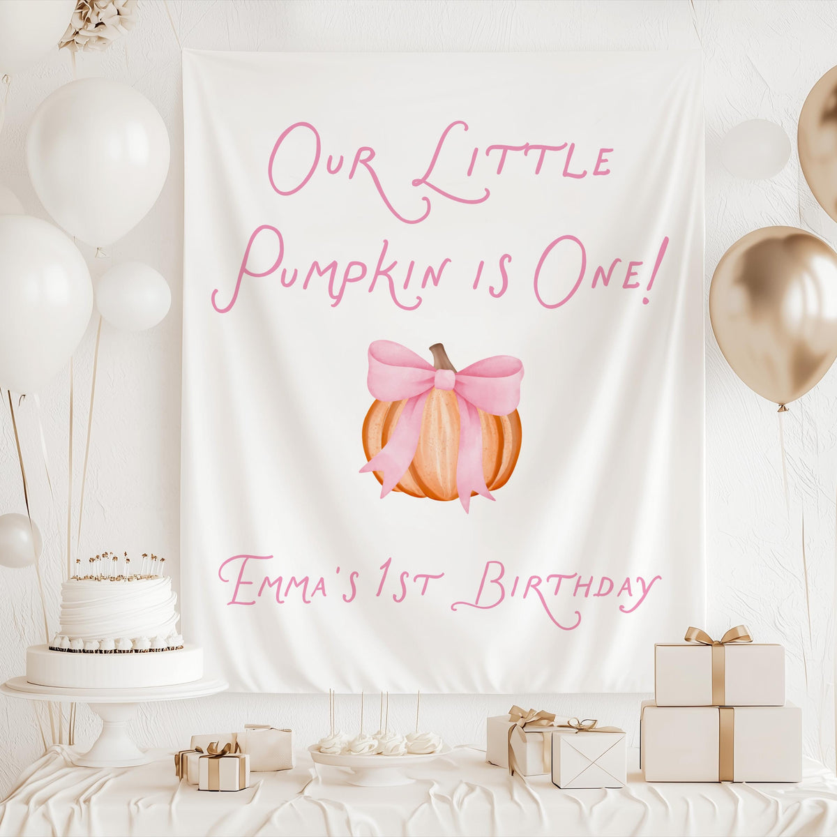Our Little Pumpkin first birthday backdrop for a cute pink fall birthday celebration