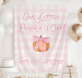 Our Little Pumpkin Is One pink gingham first birthday banner with pumpkin and bow
