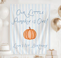Our Little Pumpkin is One boy first birthday banner with blue stripes and watercolor pumpkin