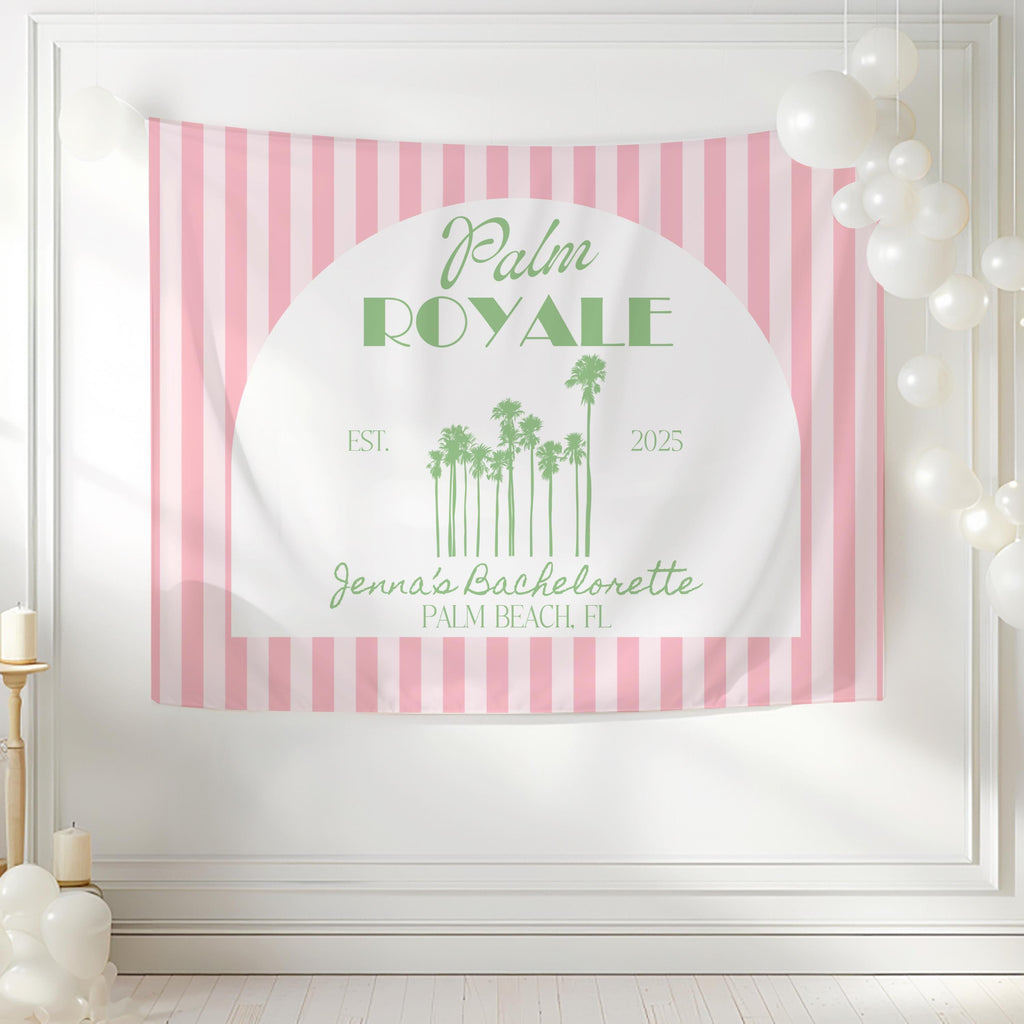 Personalized Palm Royale banner for beach bachelorette party and destination bridal celebration