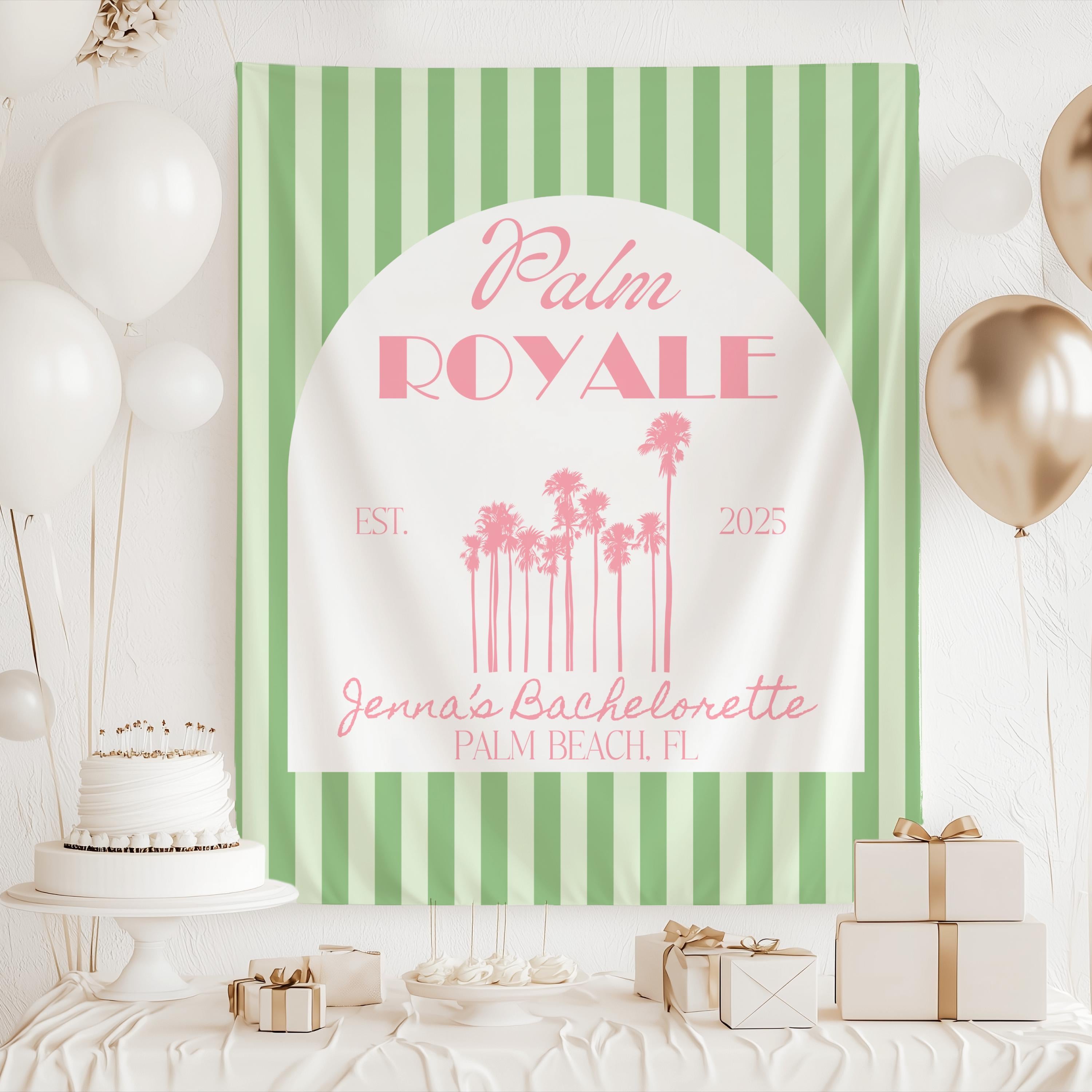 Palm Royale bachelorette backdrop for Palm Beach bridal weekend and tropical party decorations