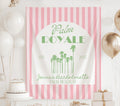 Personalized Palm Royale banner for tropical bachelorette party with custom name and event details
