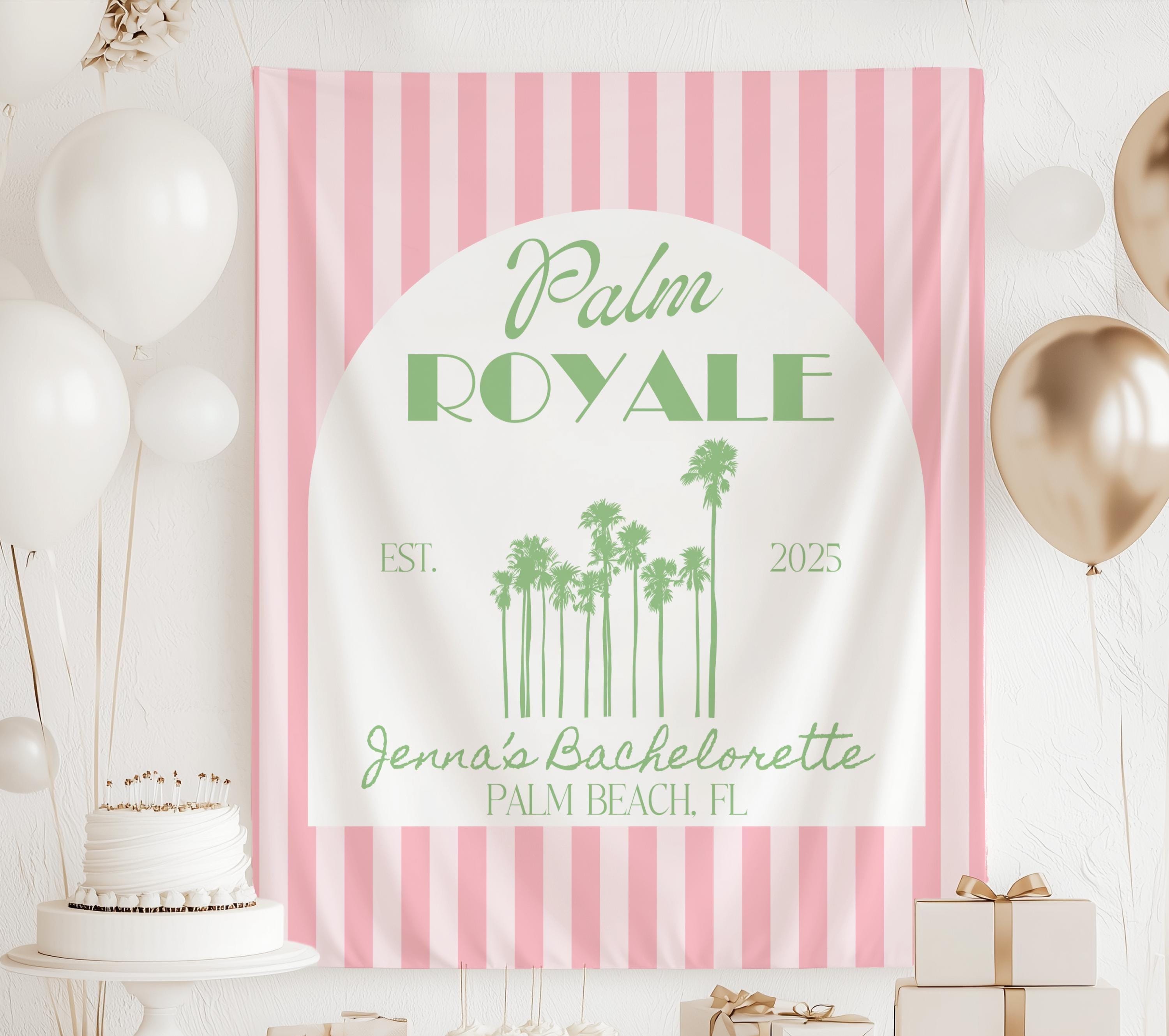 Personalized Palm Royale banner for tropical bachelorette party with custom name and event details

