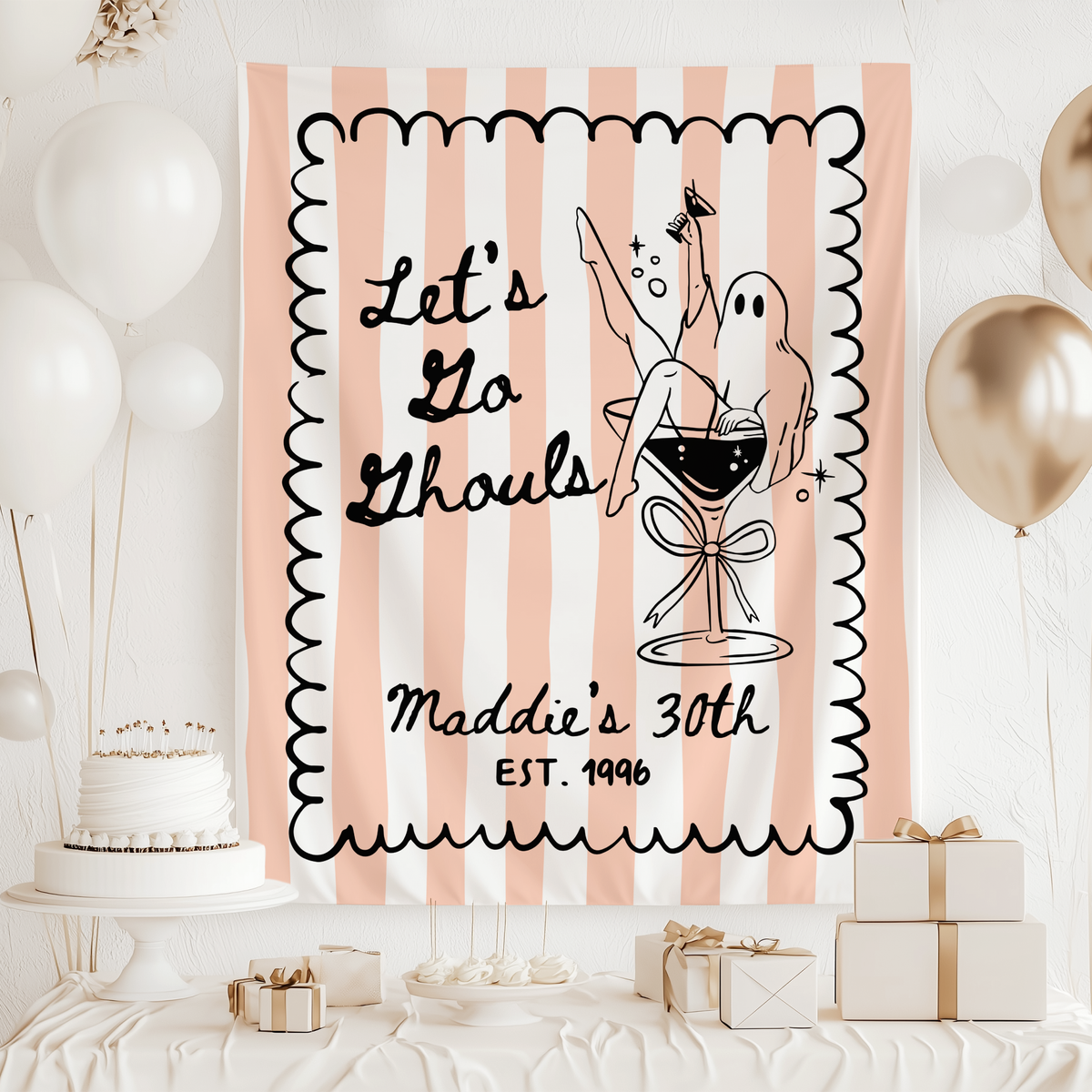Personalized 30th Halloween birthday banner with Lets Go Ghouls lettering ghosts and martini glass for spooky party decor