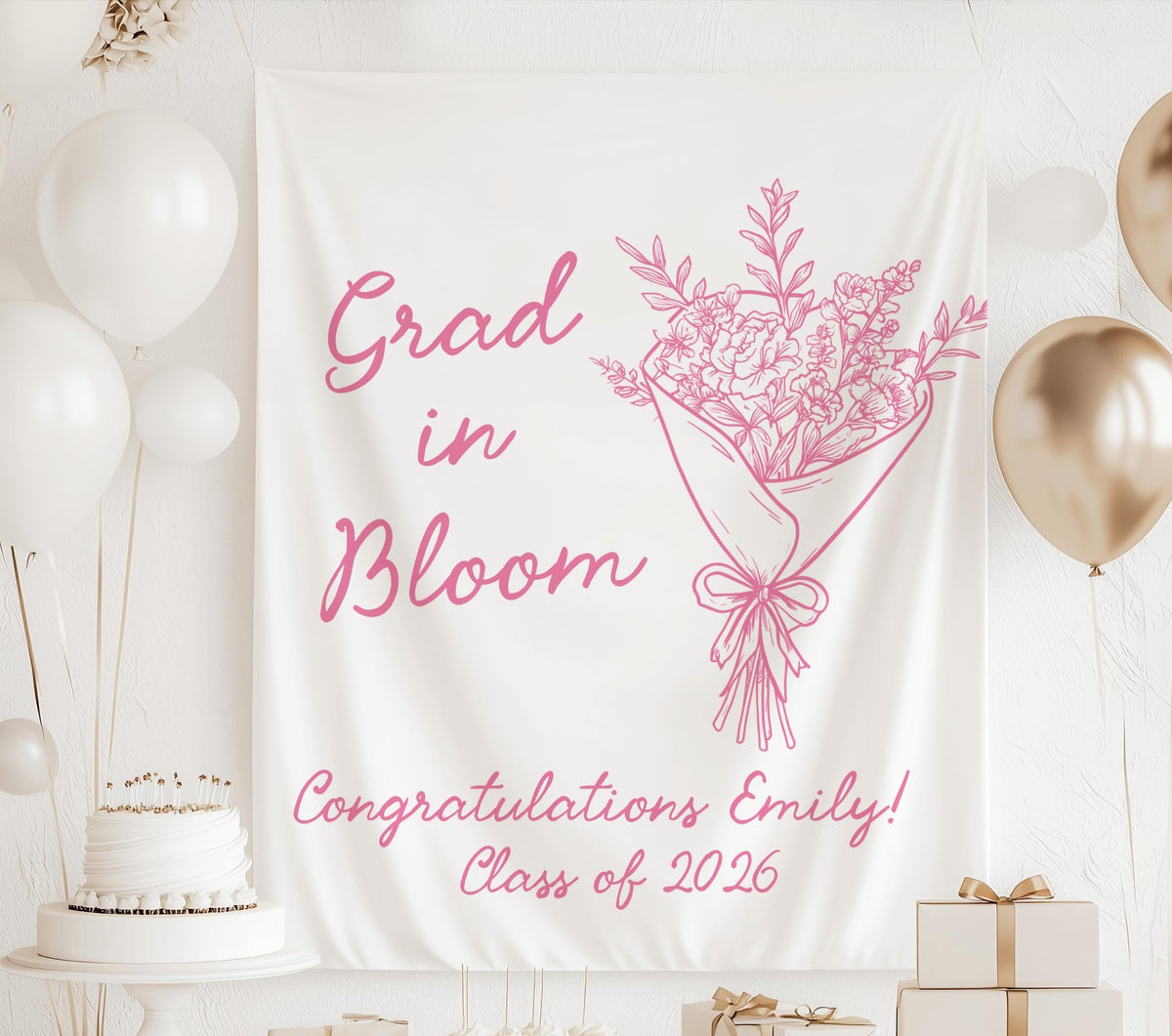 Personalized graduation backdrop with graduate name, Class of 2026 and hand drawn floral bouquet on green stripes