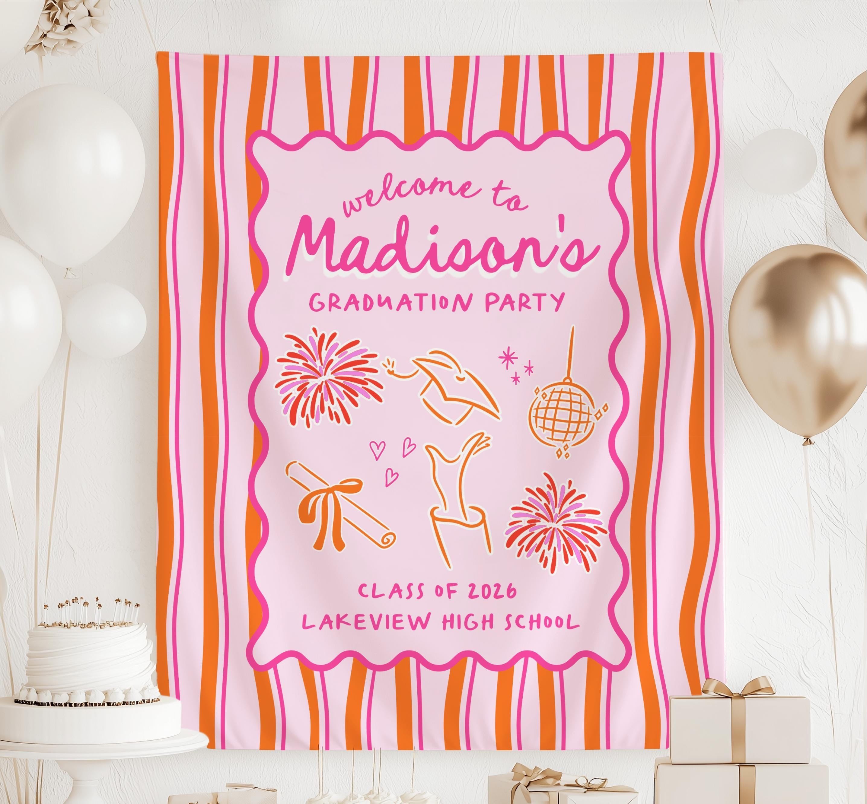 Personalized pink and orange graduation party banner with graduate name, Class of 2026 and school name