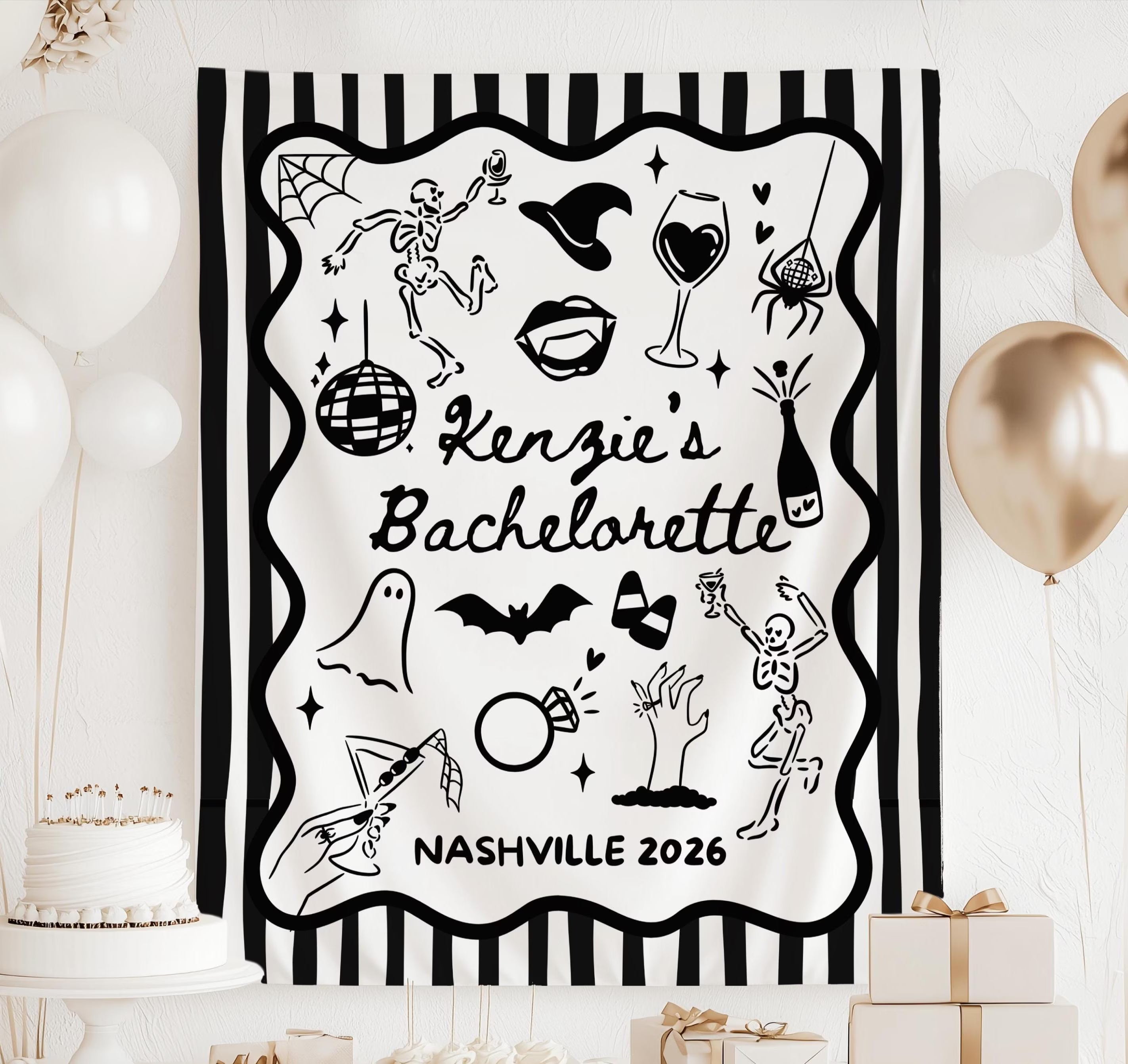 Personalized Halloween bachelorette banner with custom bride name and spooky party illustrations

