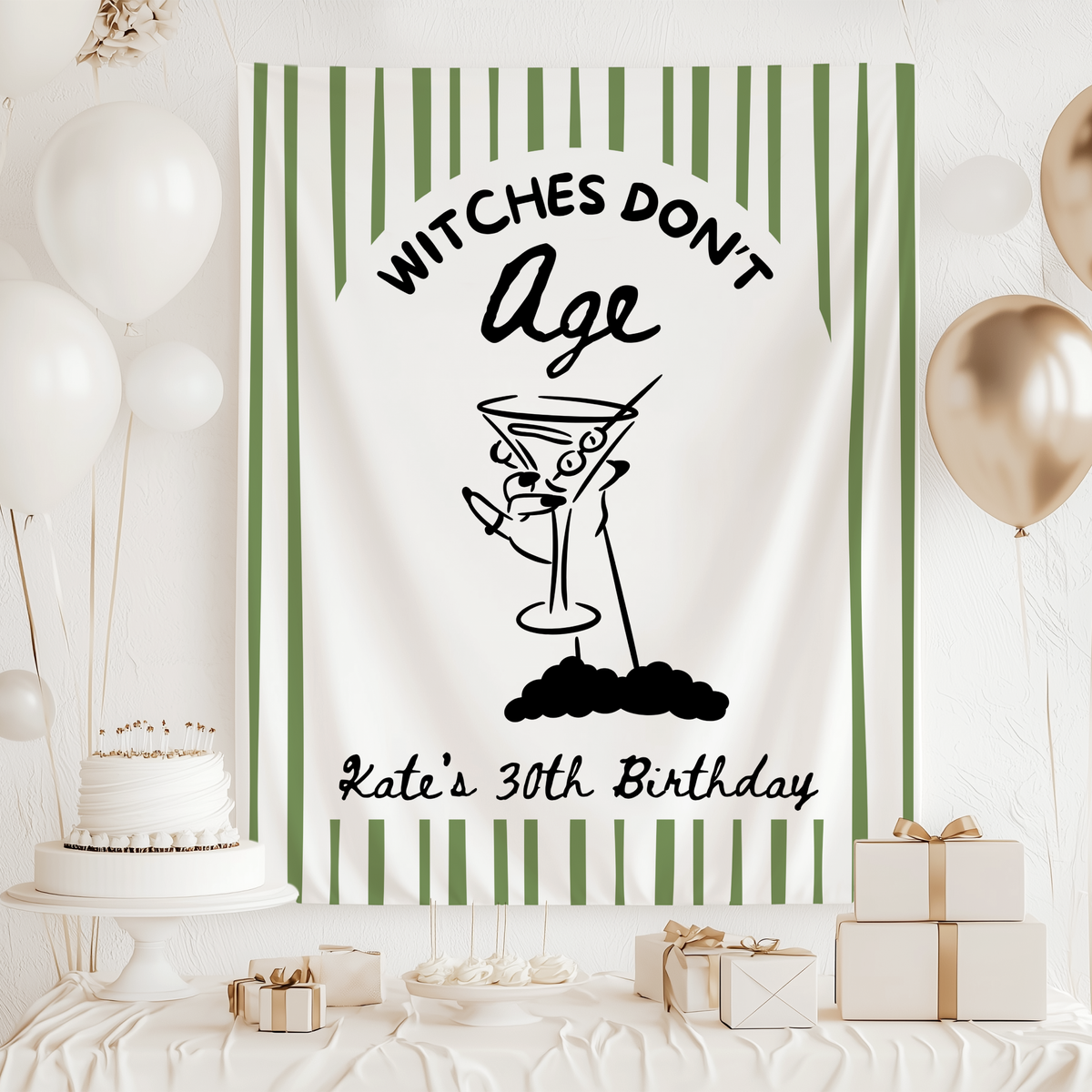 Personalized Halloween birthday backdrop with custom name and age featuring a stylish witch holding a martini