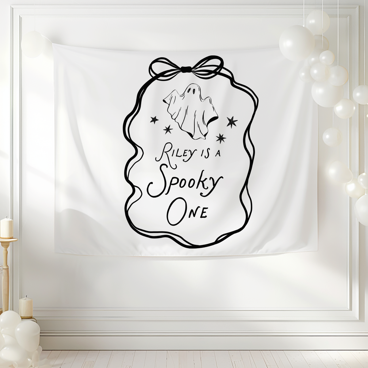 Personalized Halloween birthday banner for a baby girl turning one with custom name, ghost illustration and bow detail