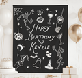 Personalized Halloween birthday banner with custom name and playful ghost skeleton witch and cocktail illustrations
