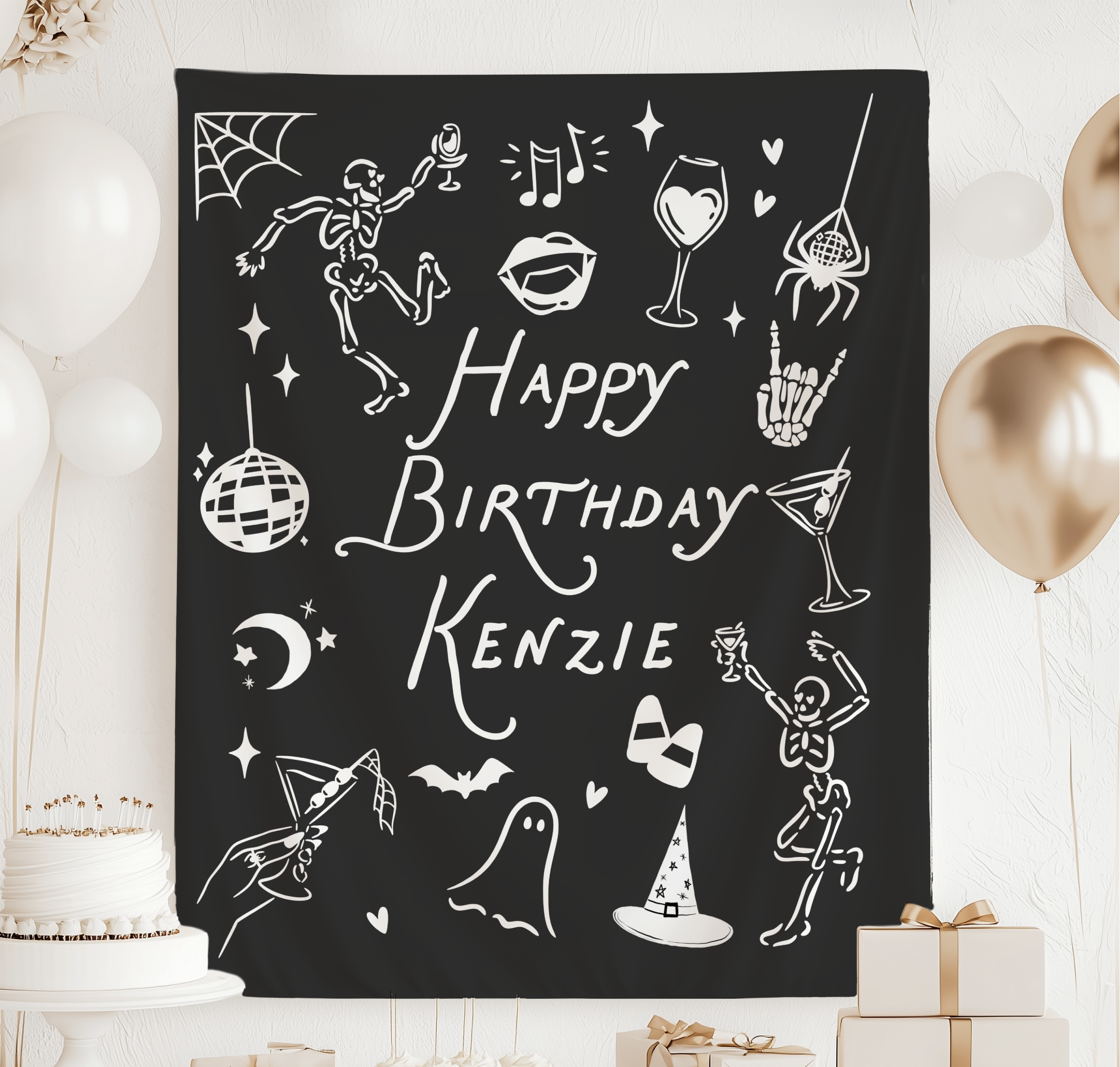 Personalized Halloween birthday banner with custom name and playful ghost skeleton witch and cocktail illustrations
